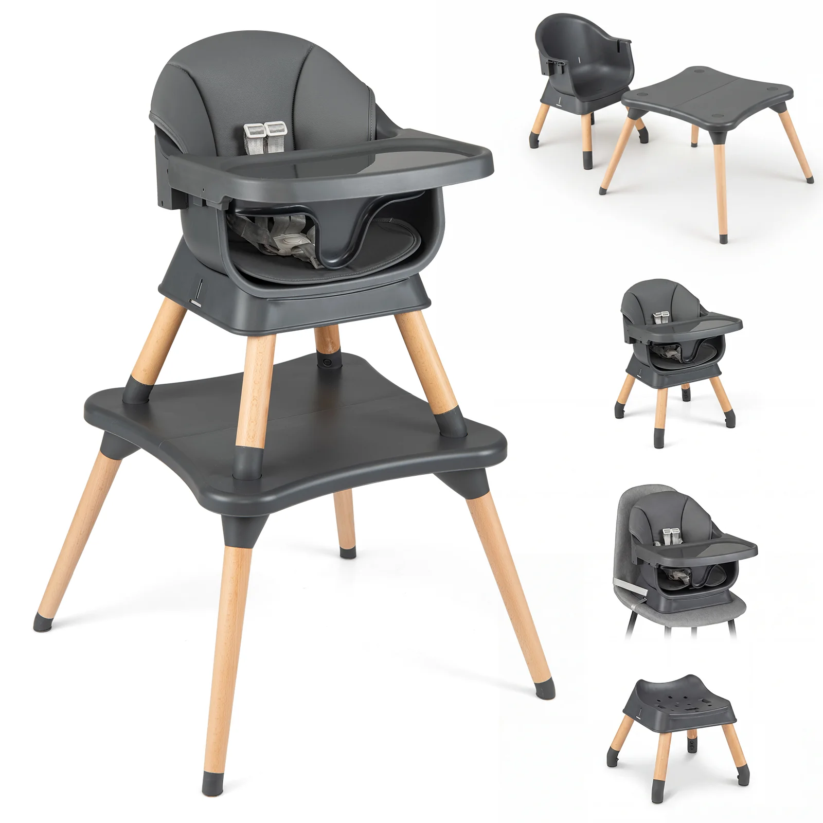9-In-1 Convertible High Chair, Solid Wood Legs, Gray