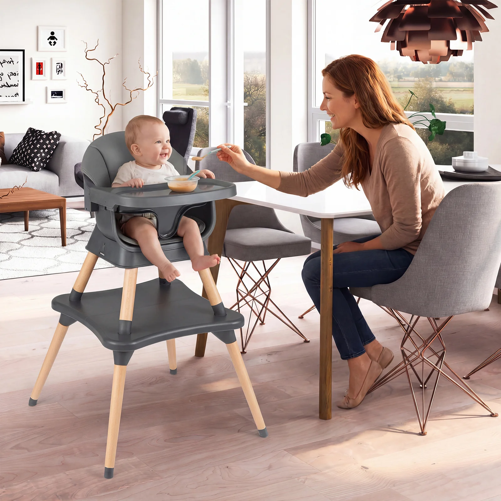 9-In-1 Convertible High Chair, Solid Wood Legs, Gray - Image 2