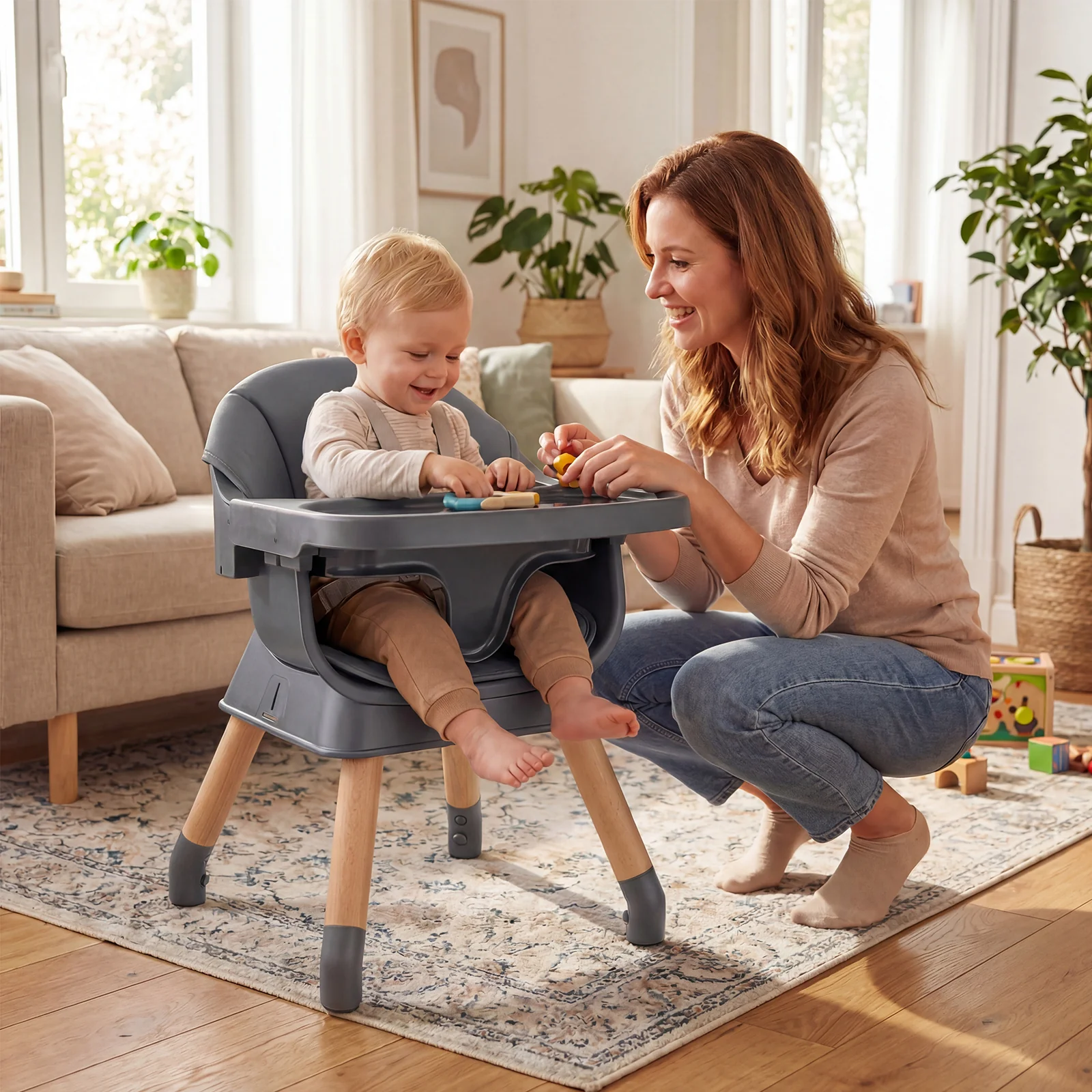 9-In-1 Convertible High Chair, Solid Wood Legs, Gray - Image 3