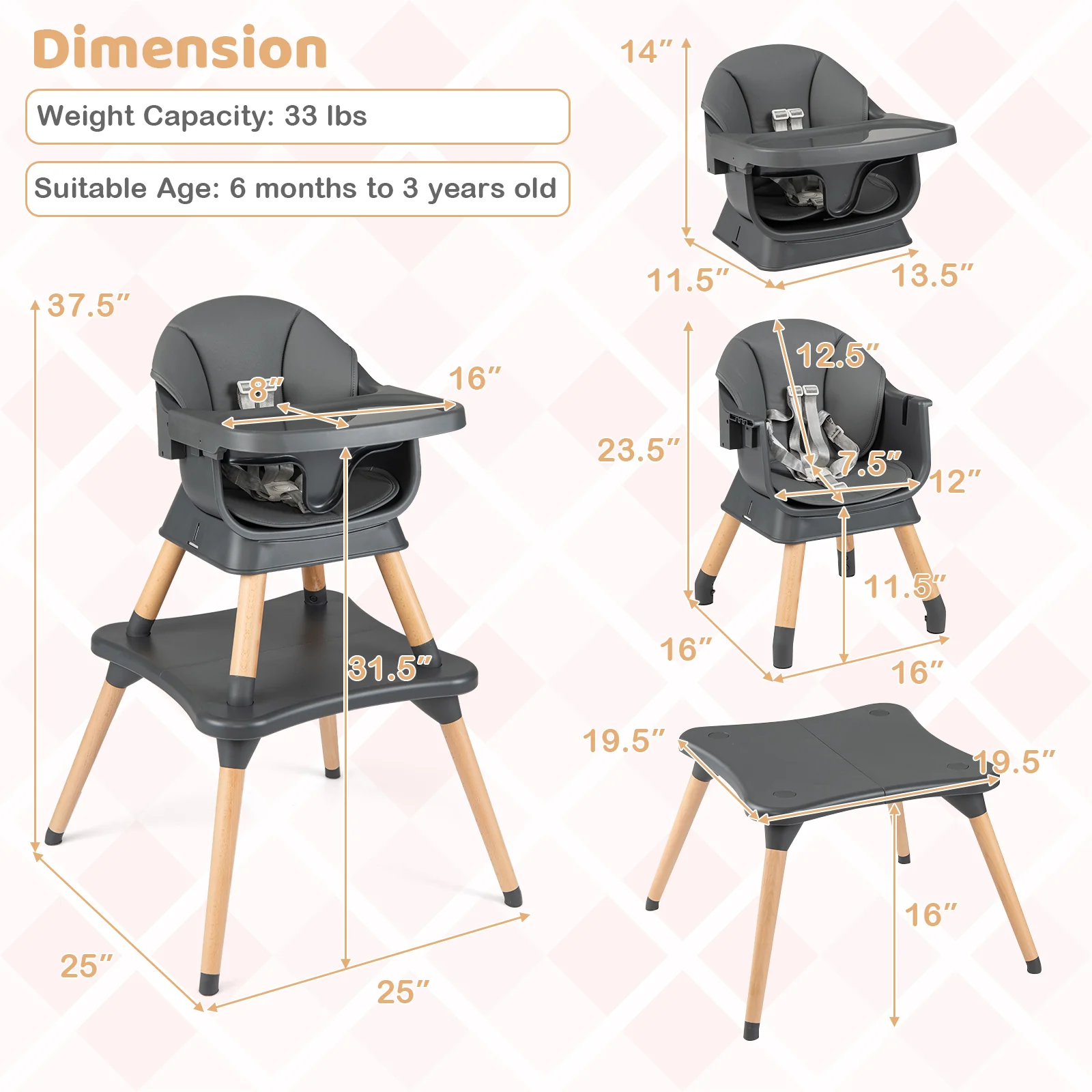 9-In-1 Convertible High Chair, Solid Wood Legs, Gray - Image 5