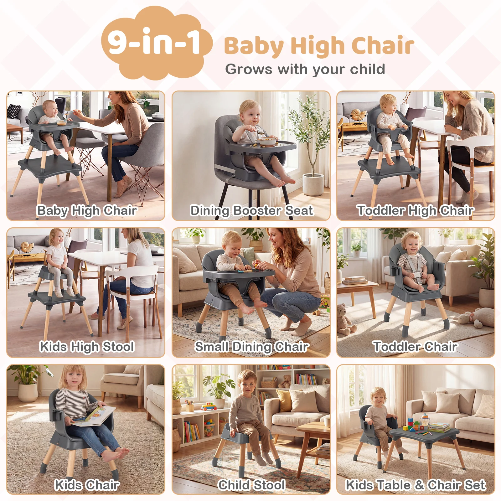 9-In-1 Convertible High Chair, Solid Wood Legs, Gray - Image 6