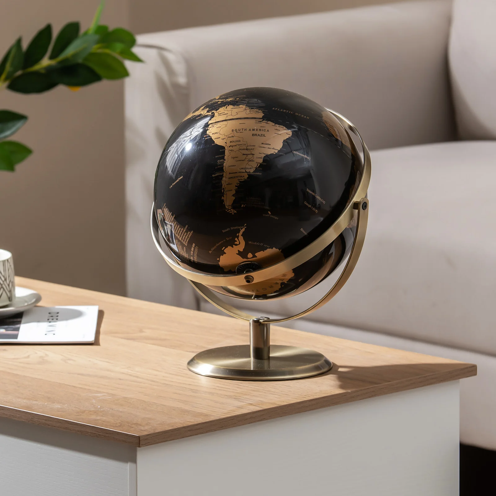9-Inch Metallic World Globe, Golden Metal Stand, Black - Image 2
