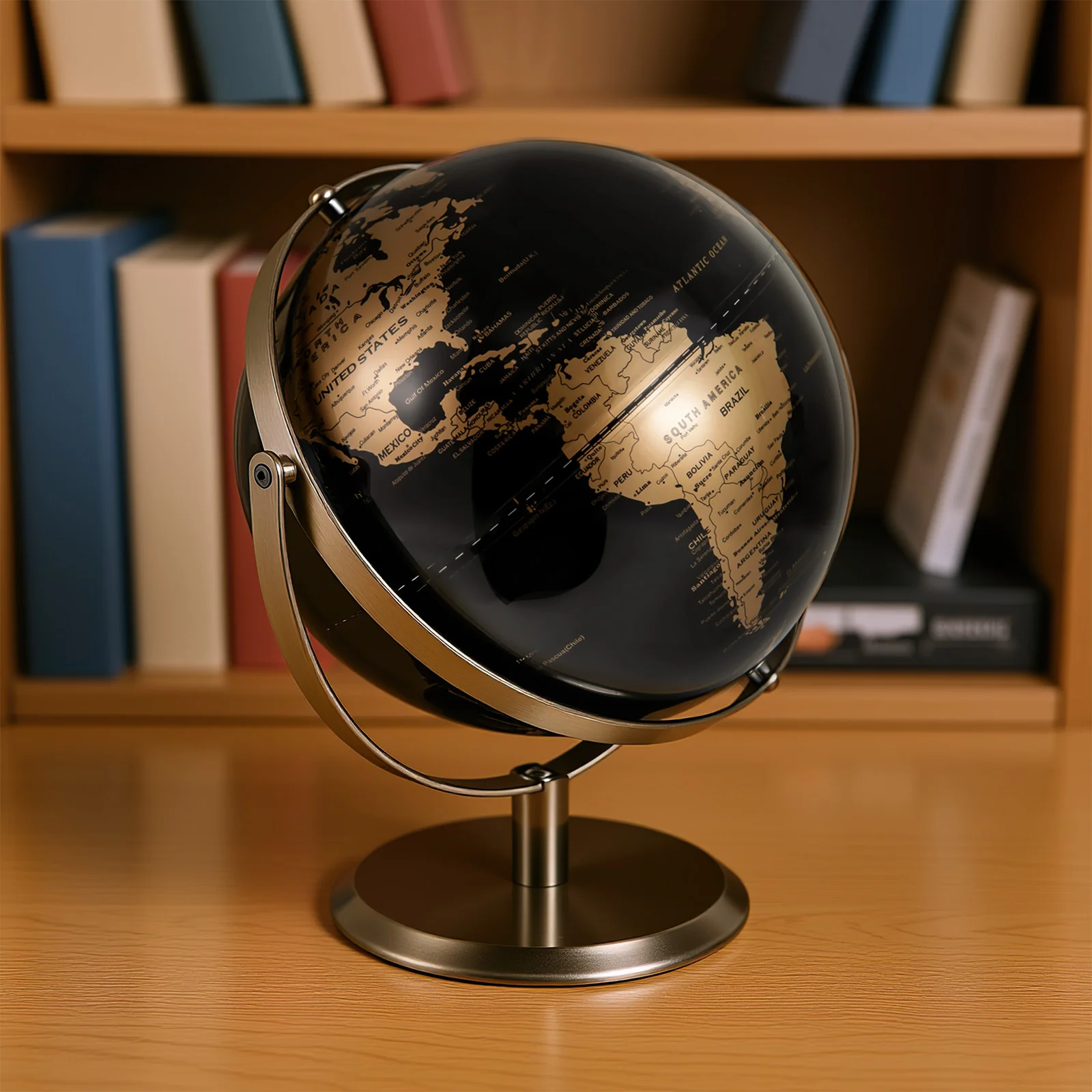 9-Inch Metallic World Globe, Golden Metal Stand, Black - Image 3