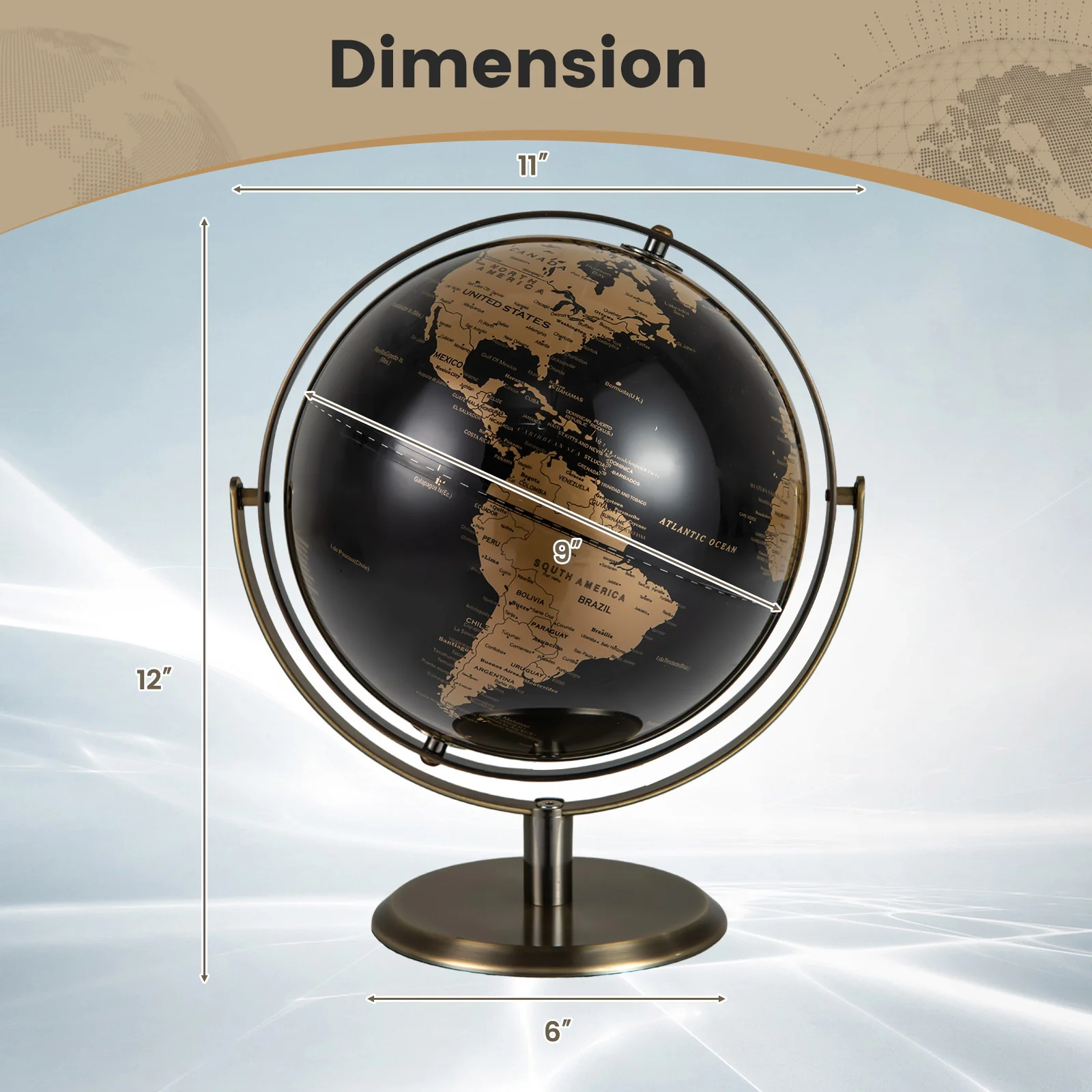9-Inch Metallic World Globe, Golden Metal Stand, Black - Image 6
