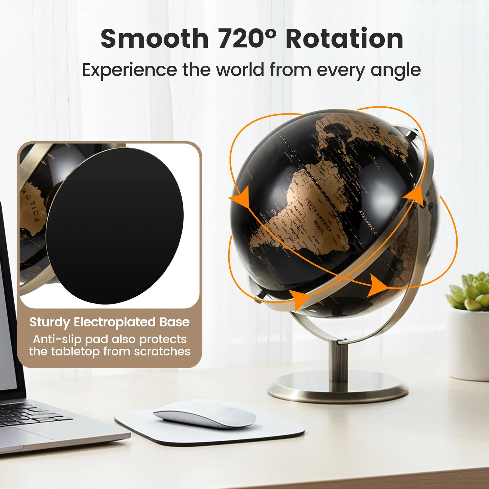 9-Inch Metallic World Globe, Golden Metal Stand, Black - Image 9