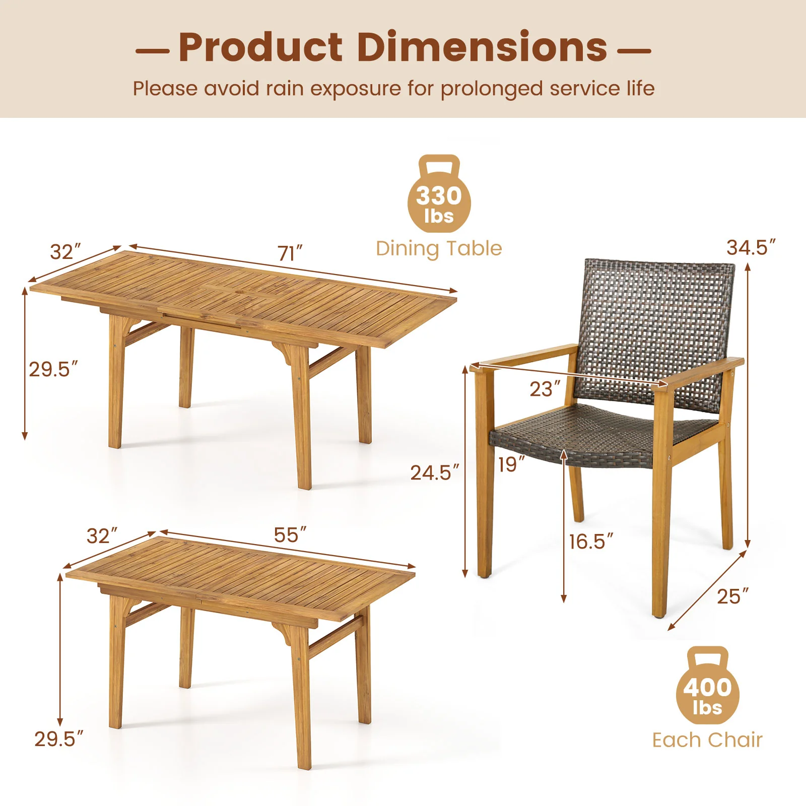 9-Piece Expandable Patio Dining Set, Natural - Image 5