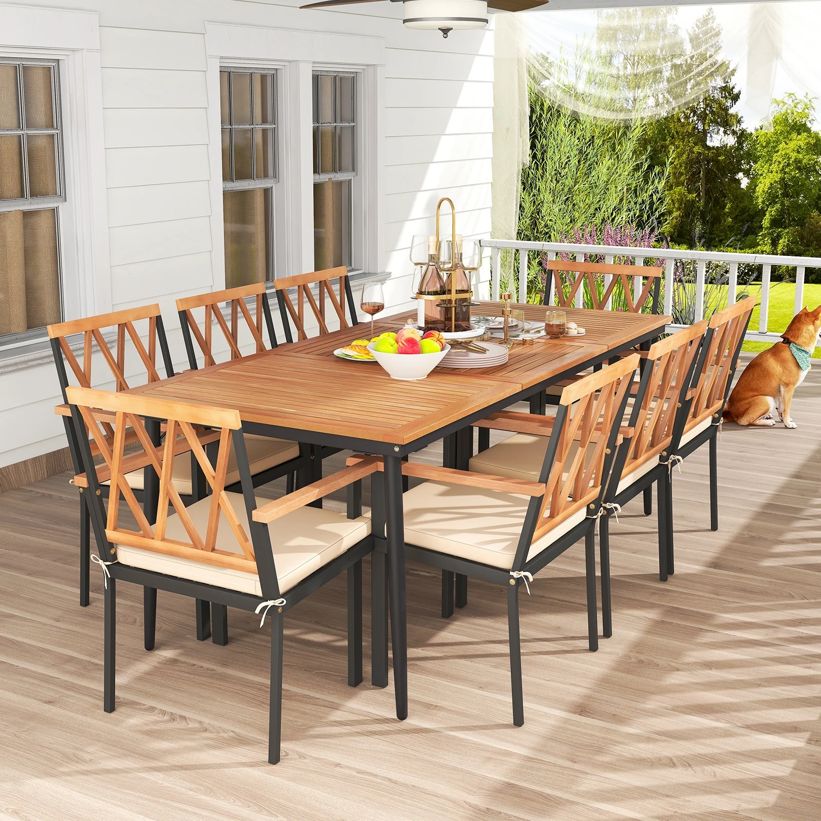 9 Piece Patio Dining Set, 1.9 Inch Umbrella Hole, Seat Cushions - Image 2
