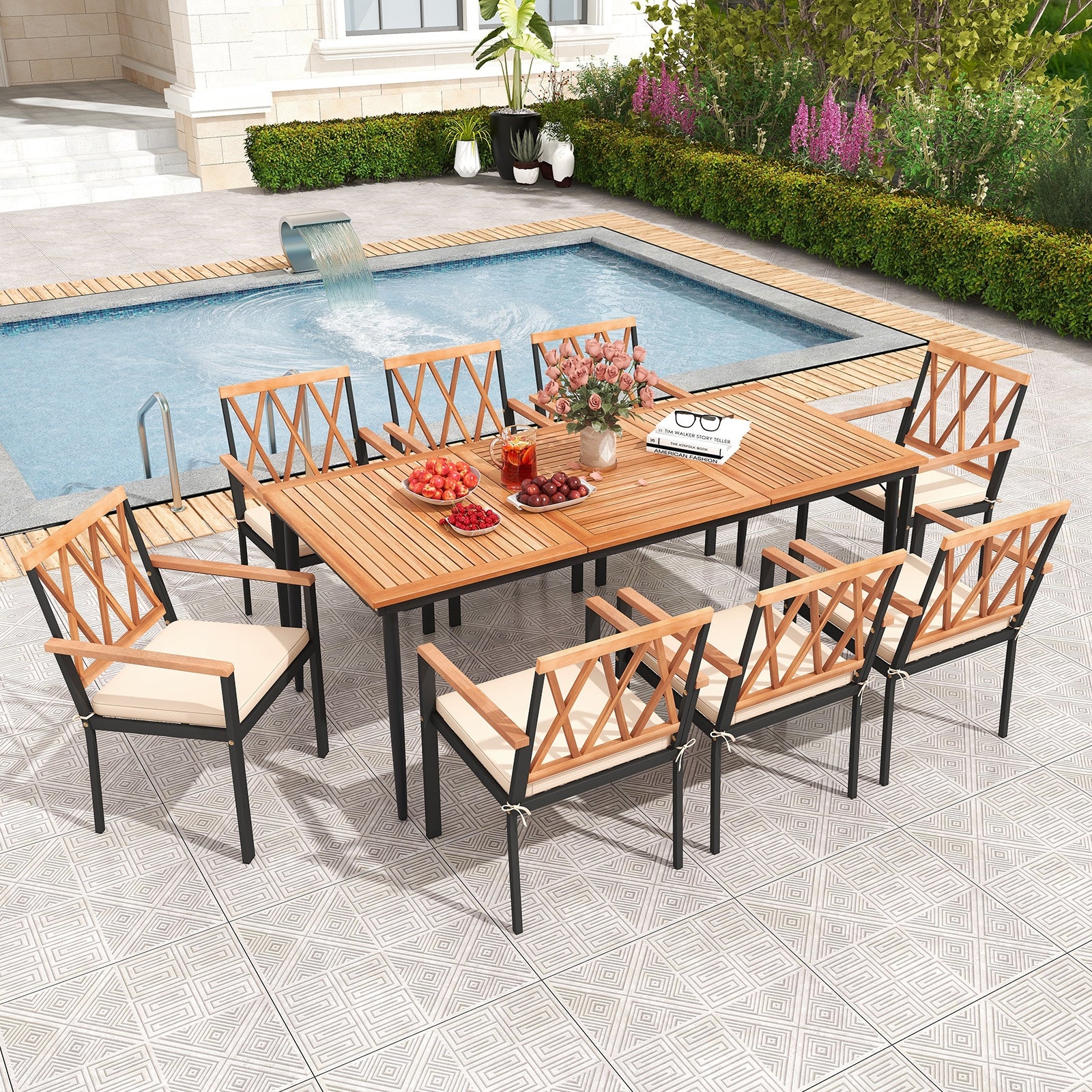 9 Piece Patio Dining Set, 1.9 Inch Umbrella Hole, Seat Cushions - Image 3