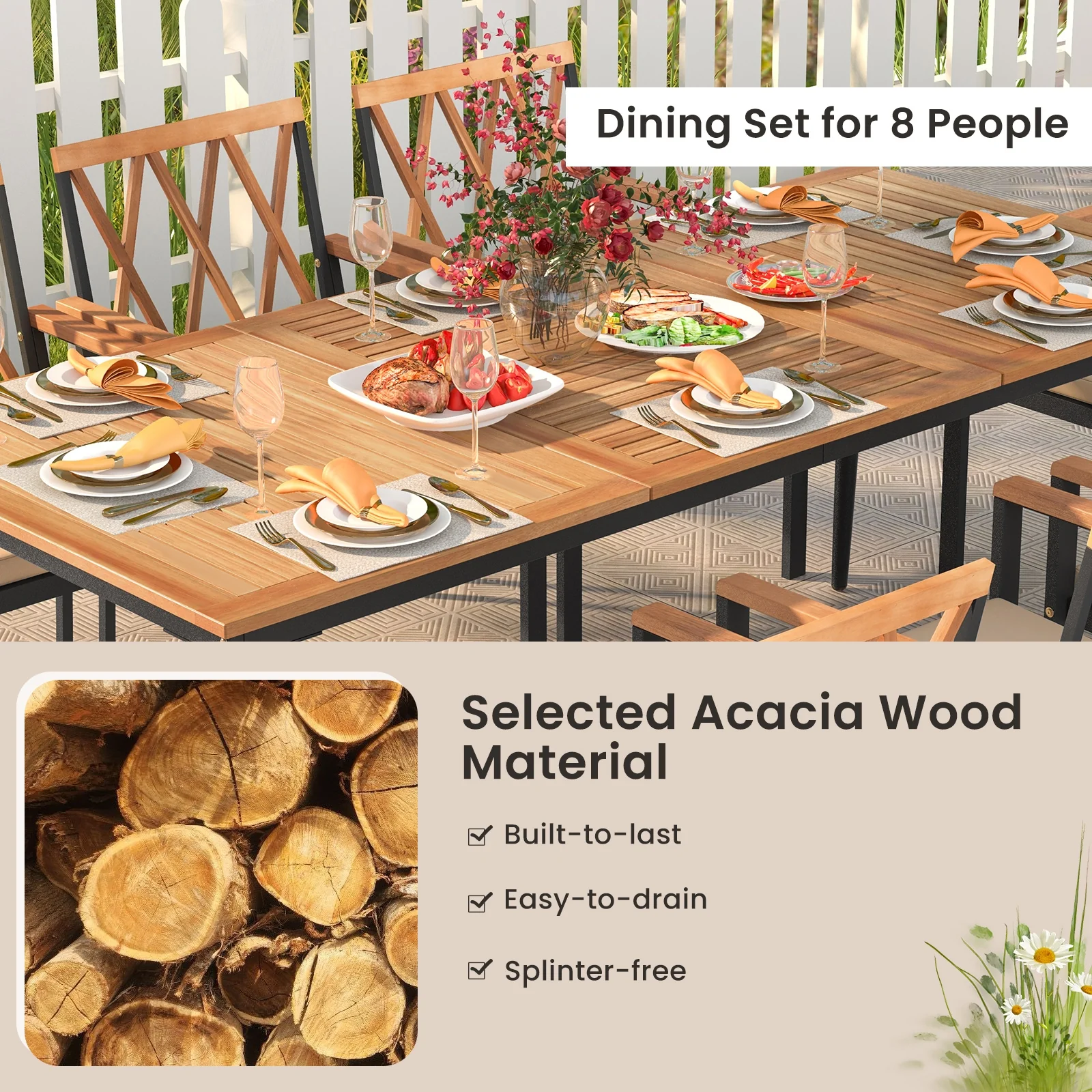9 Piece Patio Dining Set, 1.9 Inch Umbrella Hole, Seat Cushions - Image 7