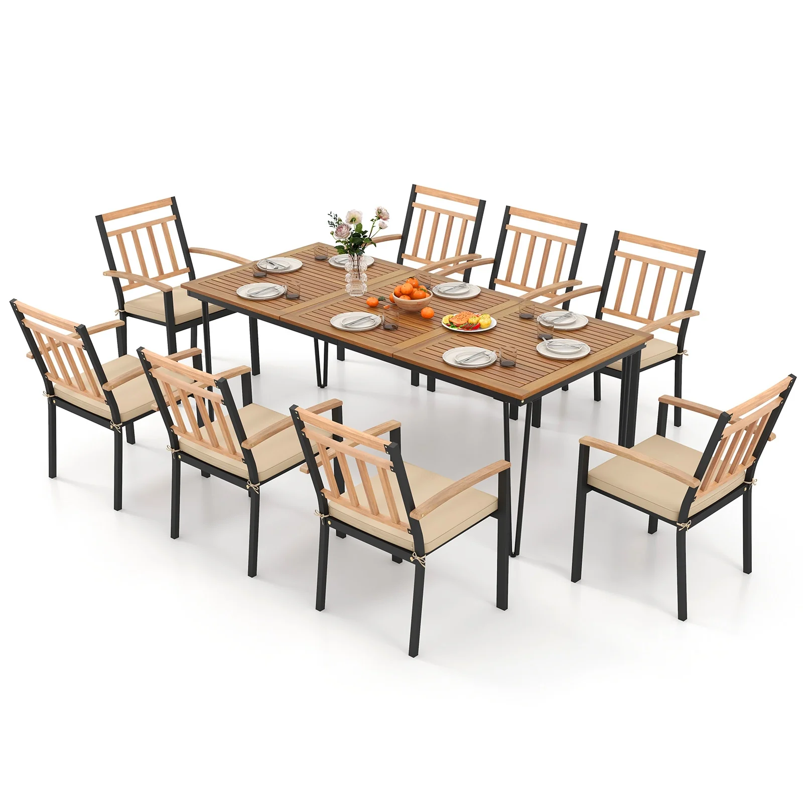 9-Piece Patio Dining Set, 35.5 Inch Table, 24-Inch Chairs, Natural - Image 5