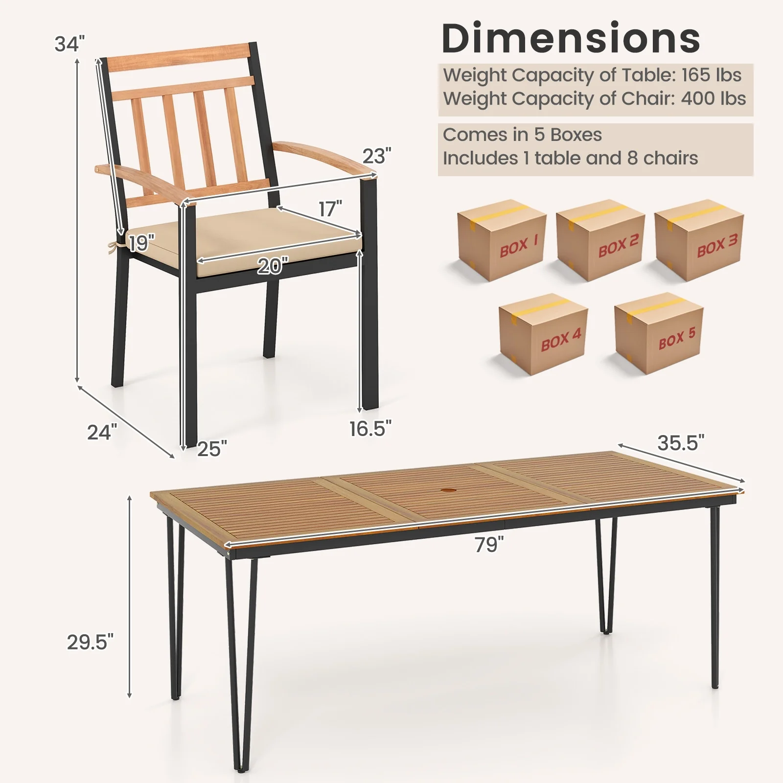 9-Piece Patio Dining Set, 35.5 Inch Table, 24-Inch Chairs, Natural - Image 6