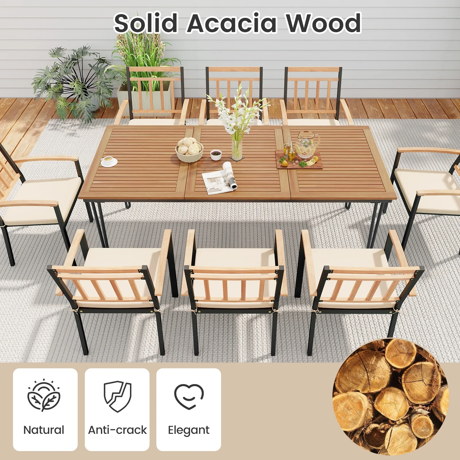 9-Piece Patio Dining Set, 35.5 Inch Table, 24-Inch Chairs, Natural - Image 7