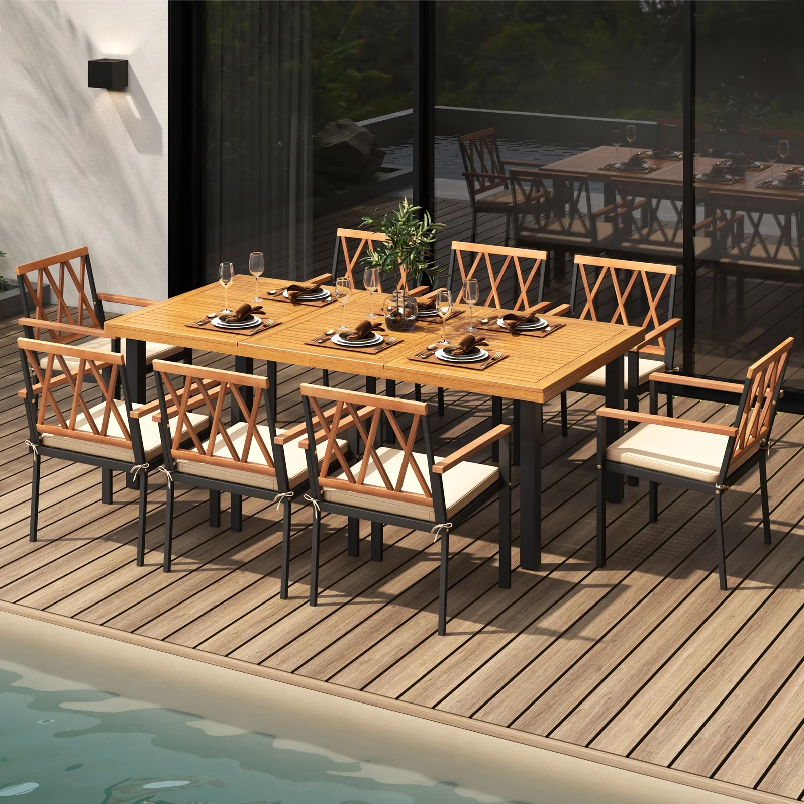 9 Piece Patio Dining Set, 39.5 Inch Acacia Wood Table, 22.5 Inch Chairs, Natural - Image 2