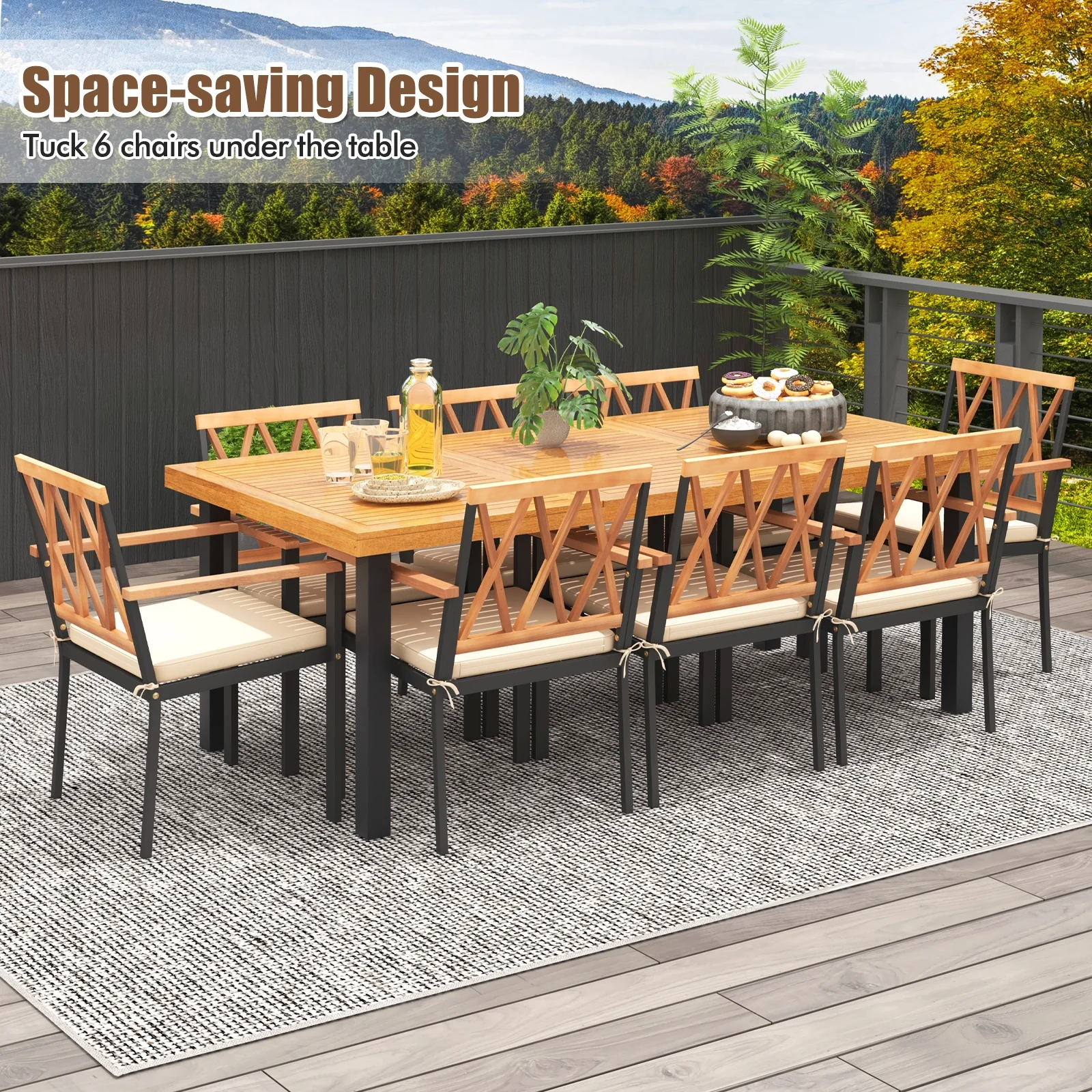 9 Piece Patio Dining Set, 39.5 Inch Acacia Wood Table, 22.5 Inch Chairs, Natural - Image 3