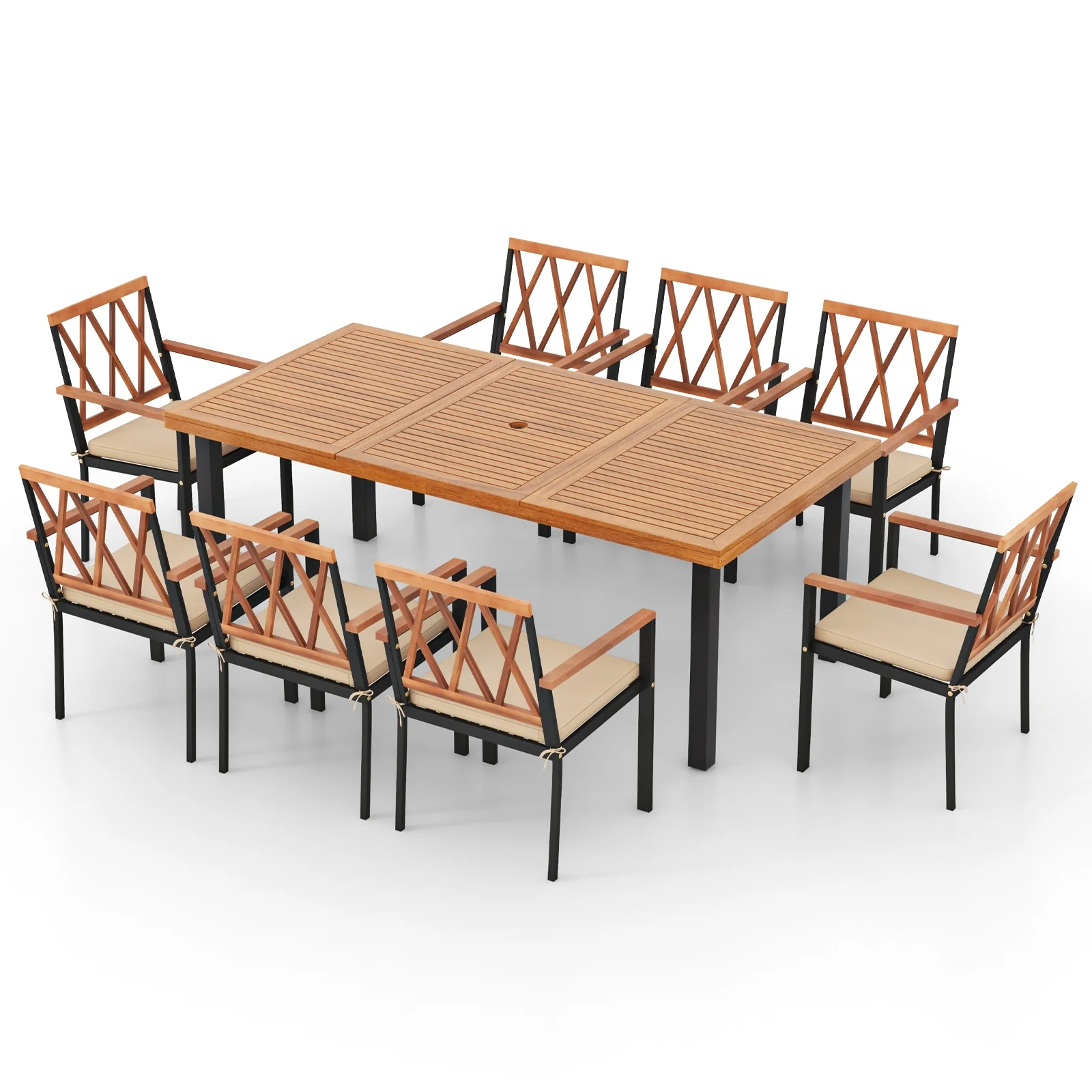 9 Piece Patio Dining Set, 39.5 Inch Acacia Wood Table, 22.5 Inch Chairs, Natural - Image 4
