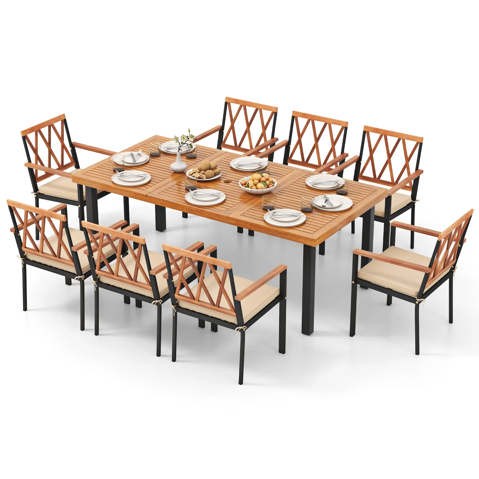 9 Piece Patio Dining Set, 39.5 Inch Acacia Wood Table, 22.5 Inch Chairs, Natural - Image 5