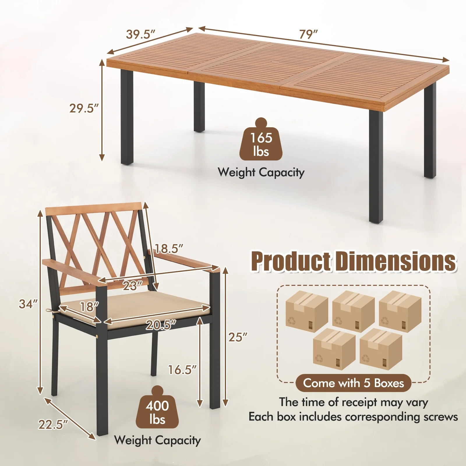 9 Piece Patio Dining Set, 39.5 Inch Acacia Wood Table, 22.5 Inch Chairs, Natural - Image 6