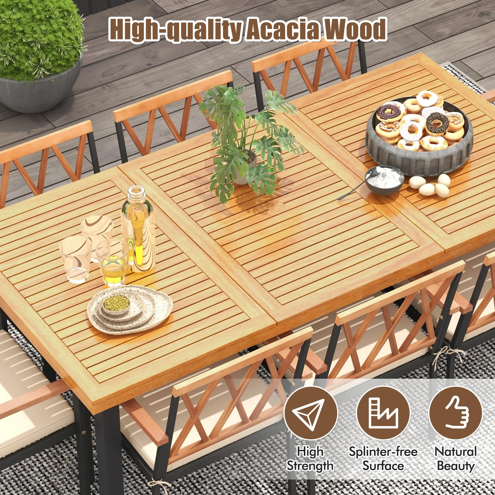 9 Piece Patio Dining Set, 39.5 Inch Acacia Wood Table, 22.5 Inch Chairs, Natural - Image 7