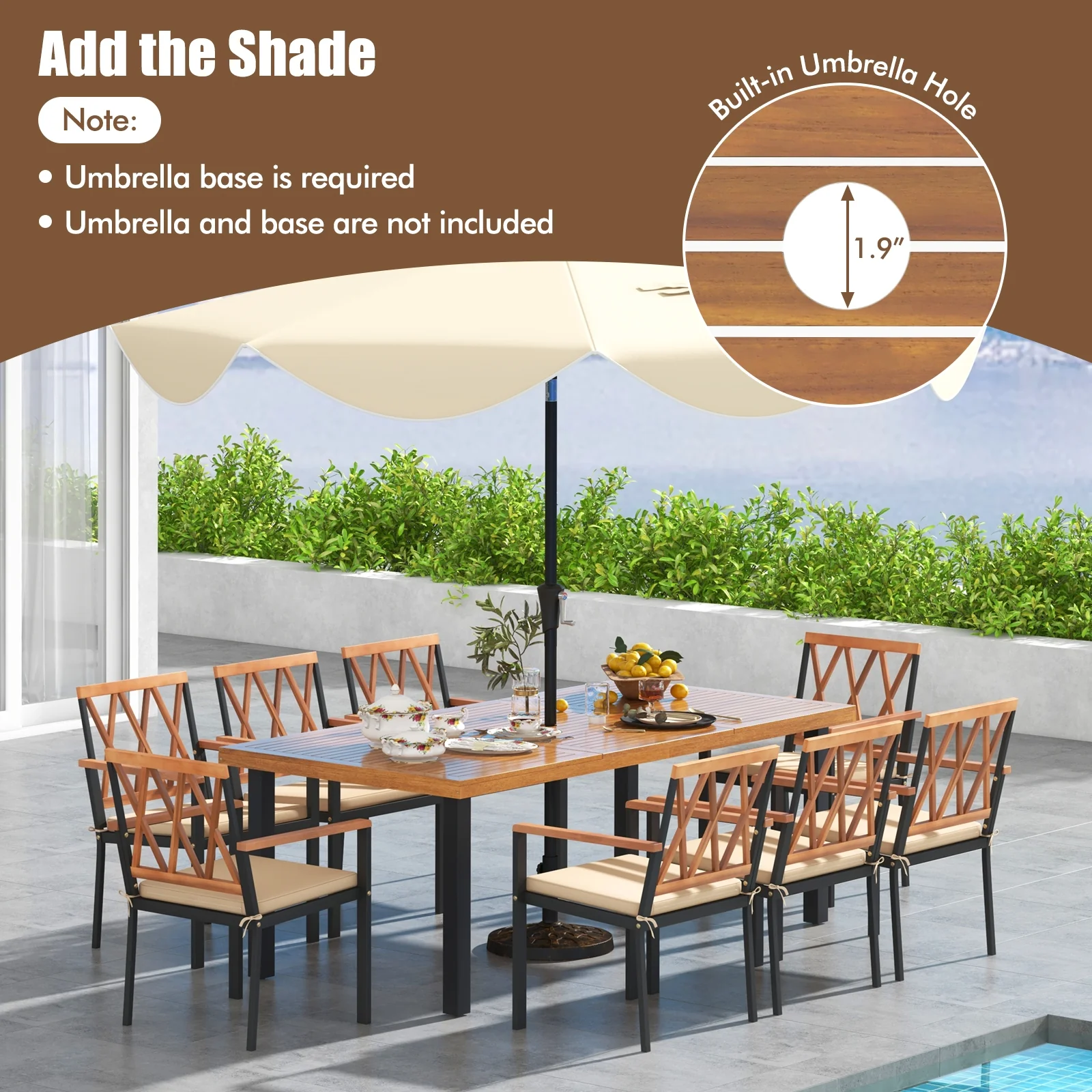9 Piece Patio Dining Set, 39.5 Inch Acacia Wood Table, 22.5 Inch Chairs, Natural - Image 8