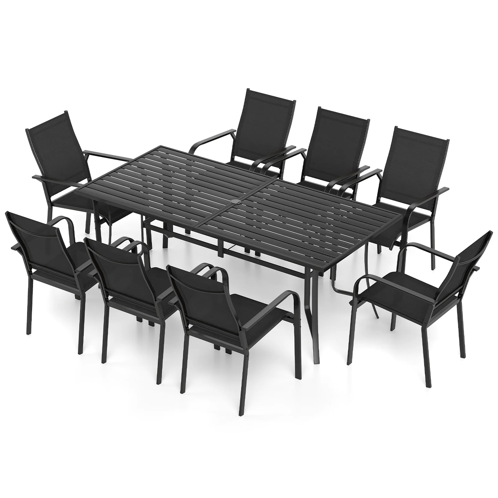 9 Piece Patio Dining Set, 8 Stackable Chairs, Outdoor Rectangular Table, Black