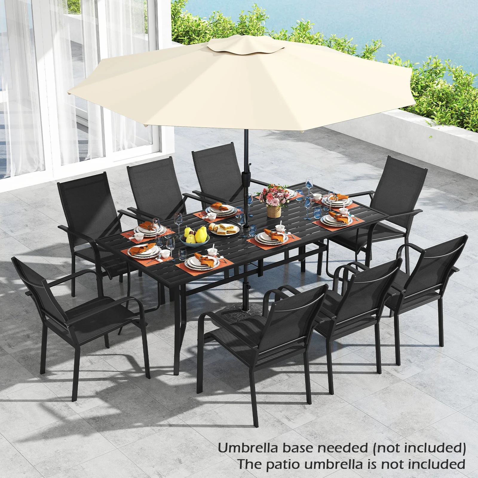9 Piece Patio Dining Set, 8 Stackable Chairs, Outdoor Rectangular Table, Black - Image 2