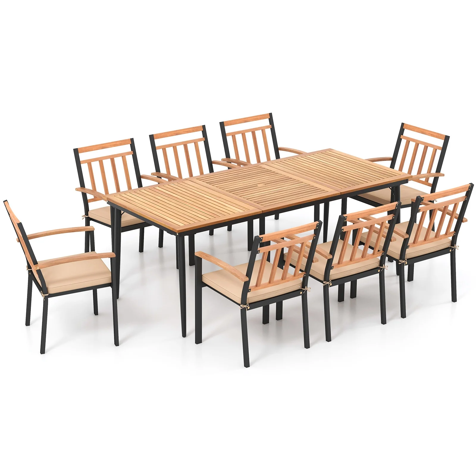 9-Piece Patio Dining Set, 8 Wooden Armchairs, Natural