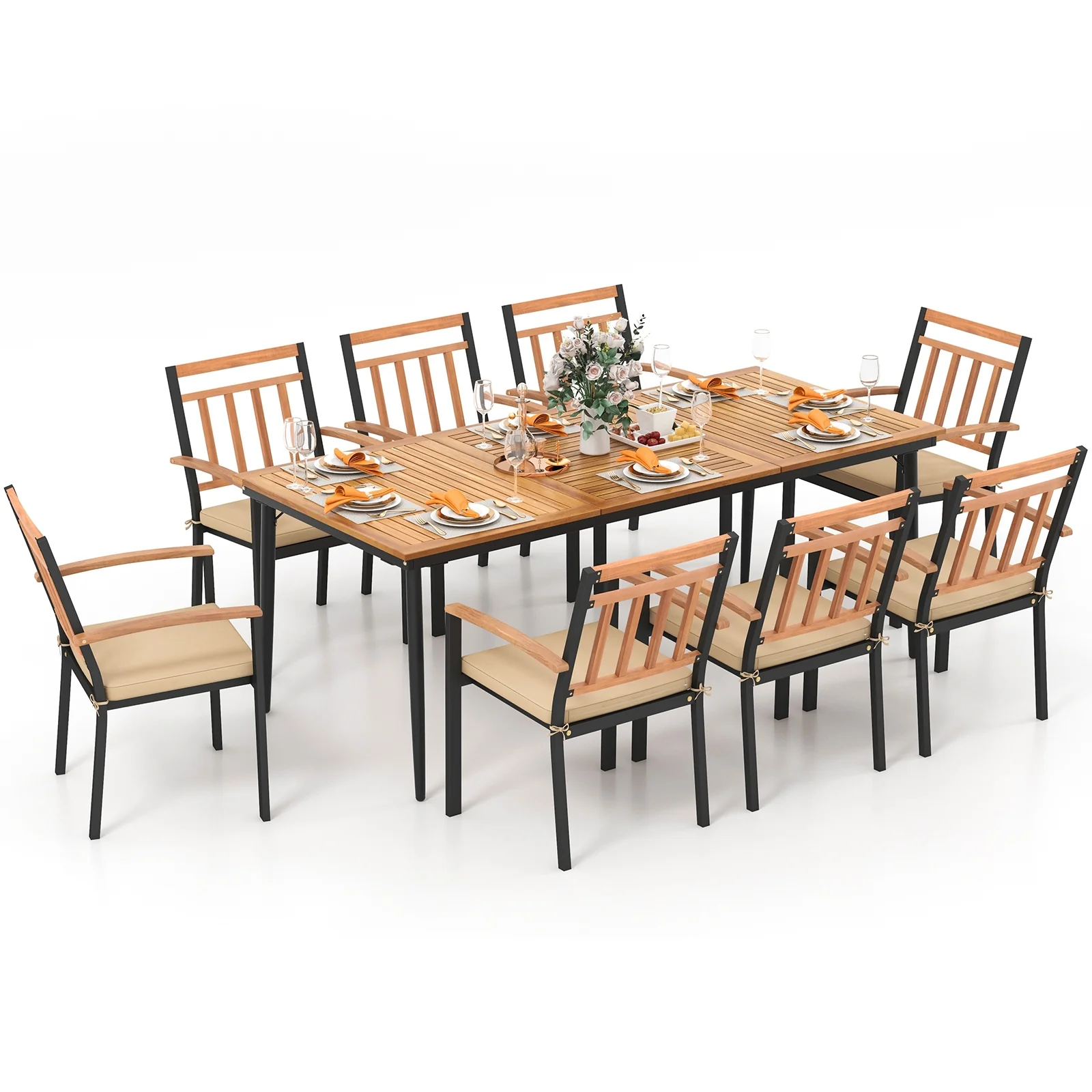 9-Piece Patio Dining Set, 8 Wooden Armchairs, Natural - Image 5