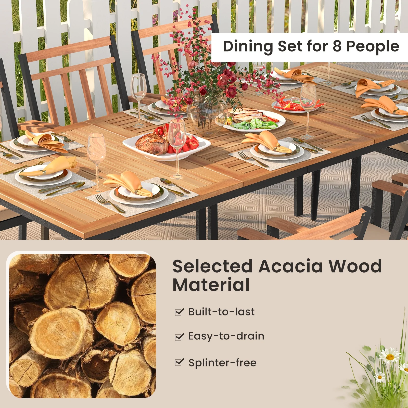9-Piece Patio Dining Set, 8 Wooden Armchairs, Natural - Image 7