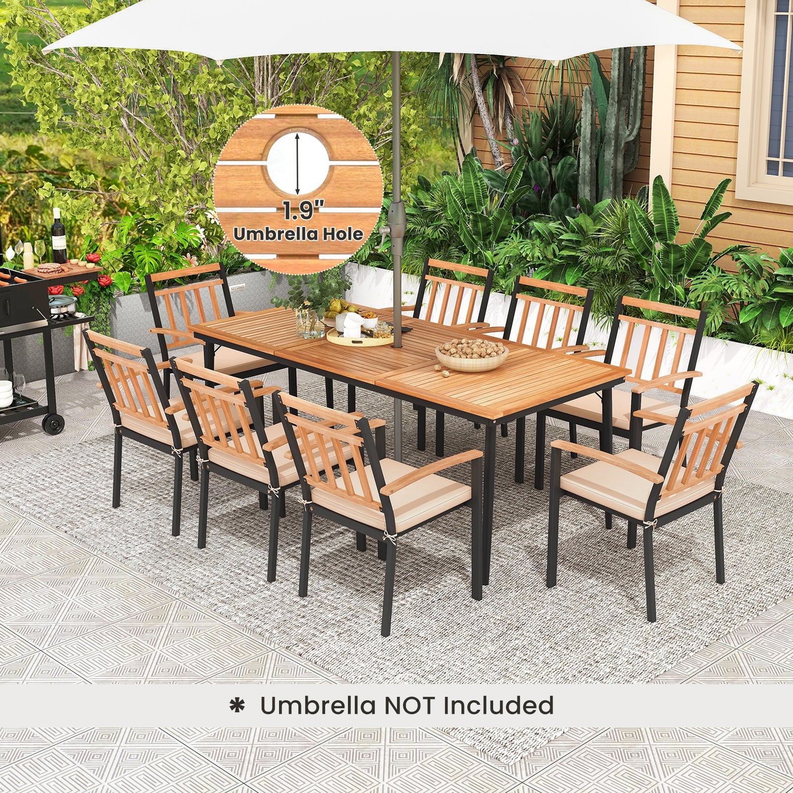 9-Piece Patio Dining Set, 8 Wooden Armchairs, Natural - Image 8