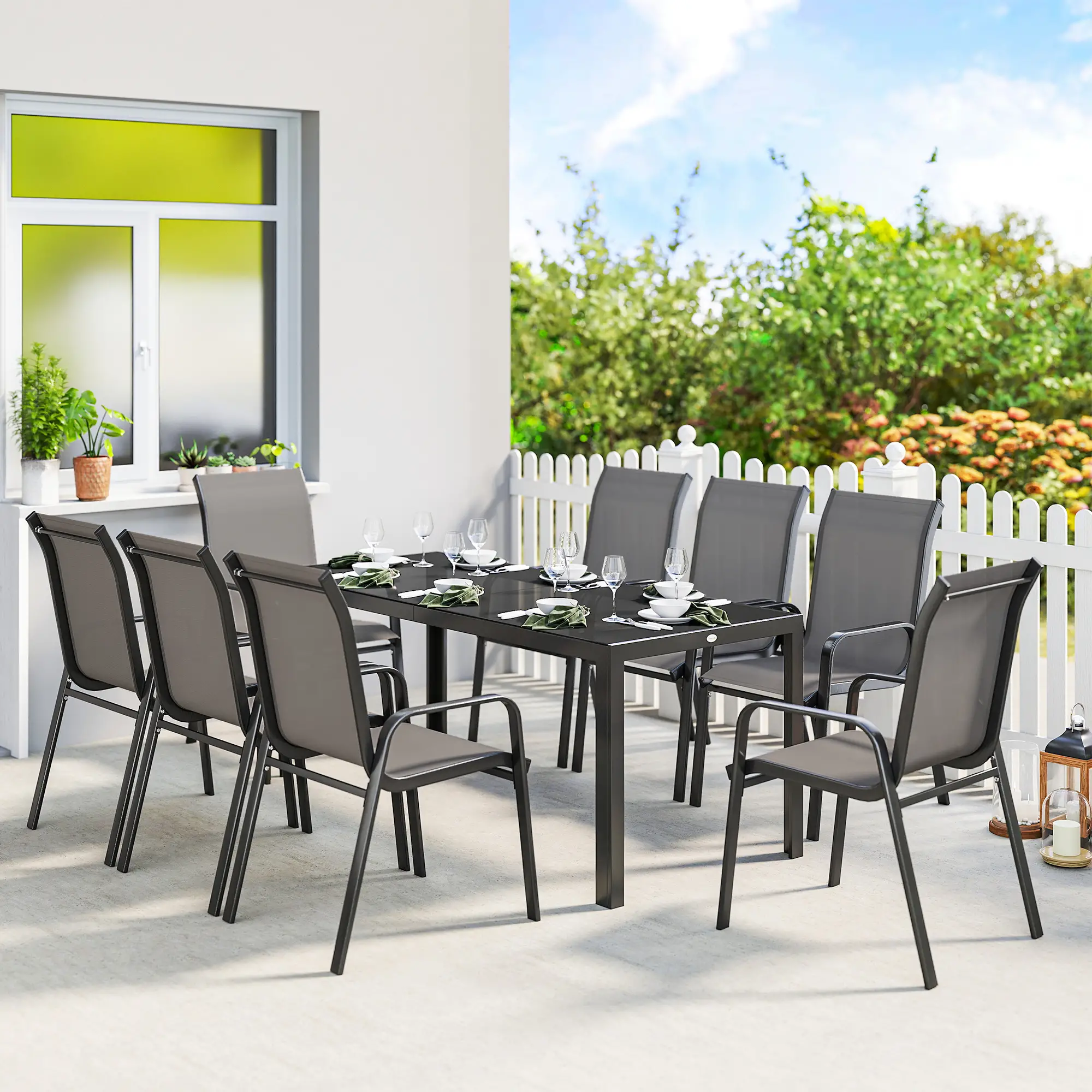 9-Piece Patio Dining Set, Glass Top Table, Stackable Chairs, Dark Grey - Image 2