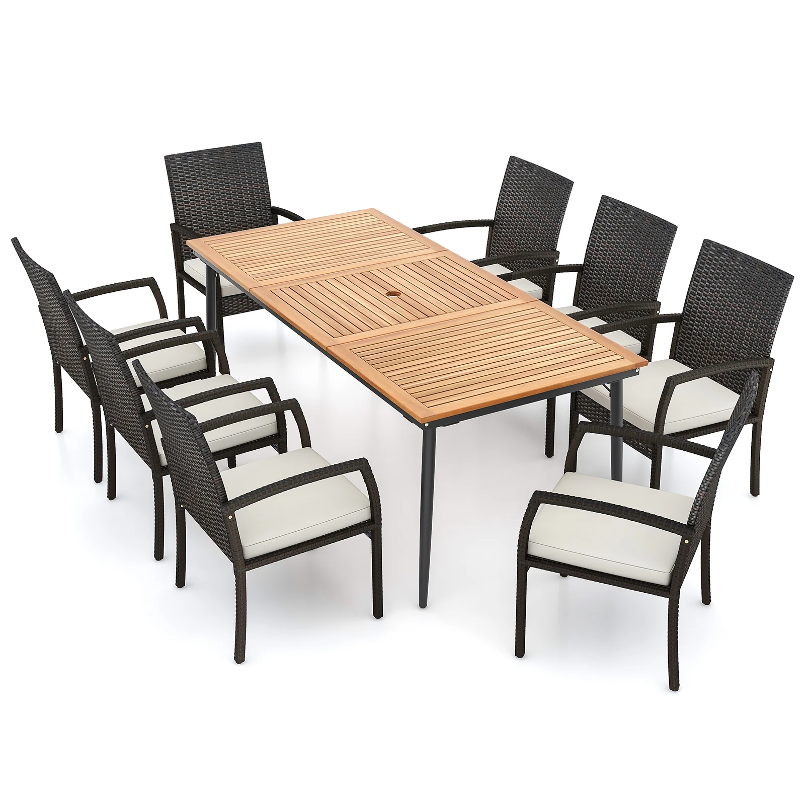 9-Piece Patio Dining Set, Rattan Chairs With Cushions, Natural - Image 4