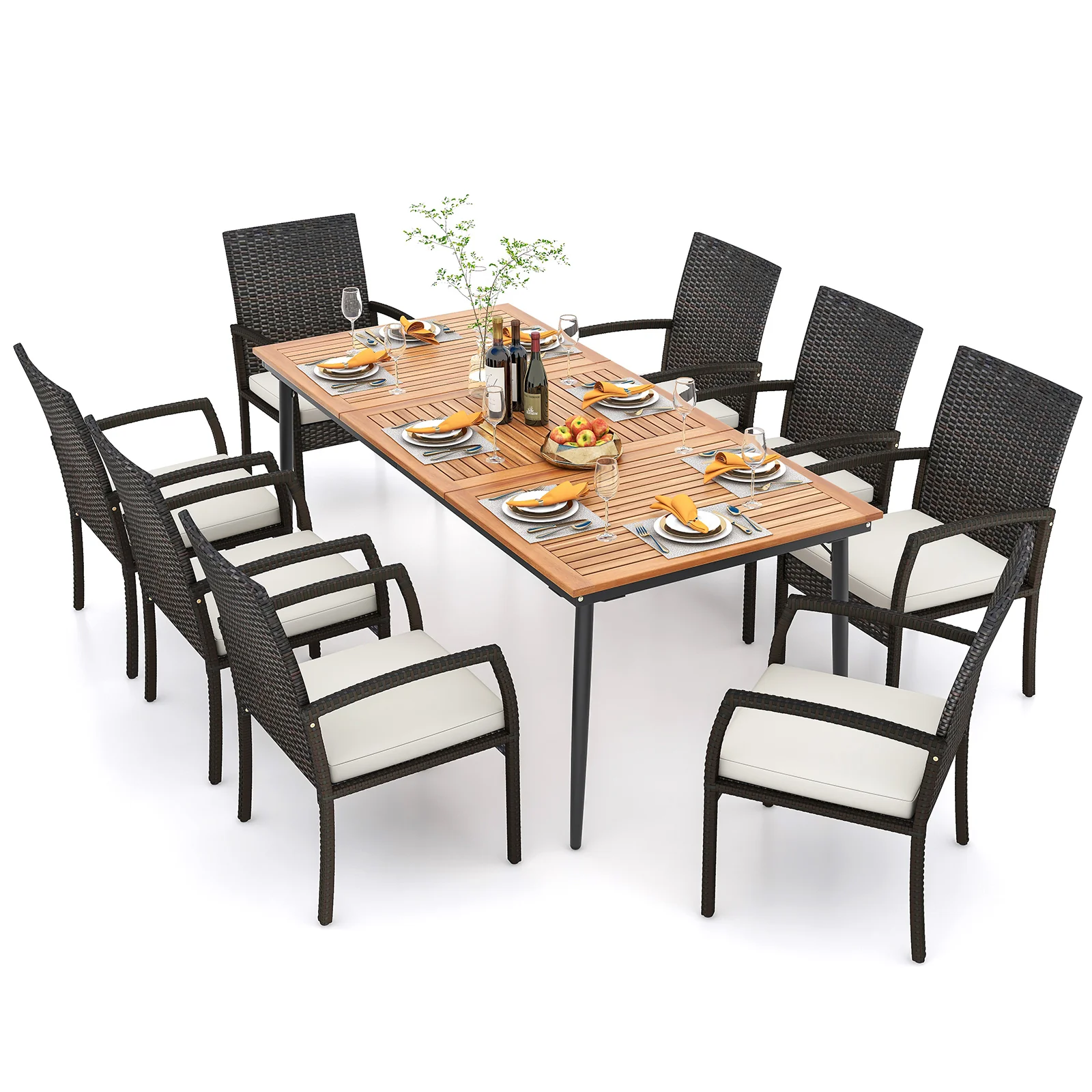9-Piece Patio Dining Set, Rattan Chairs With Cushions, Natural - Image 5