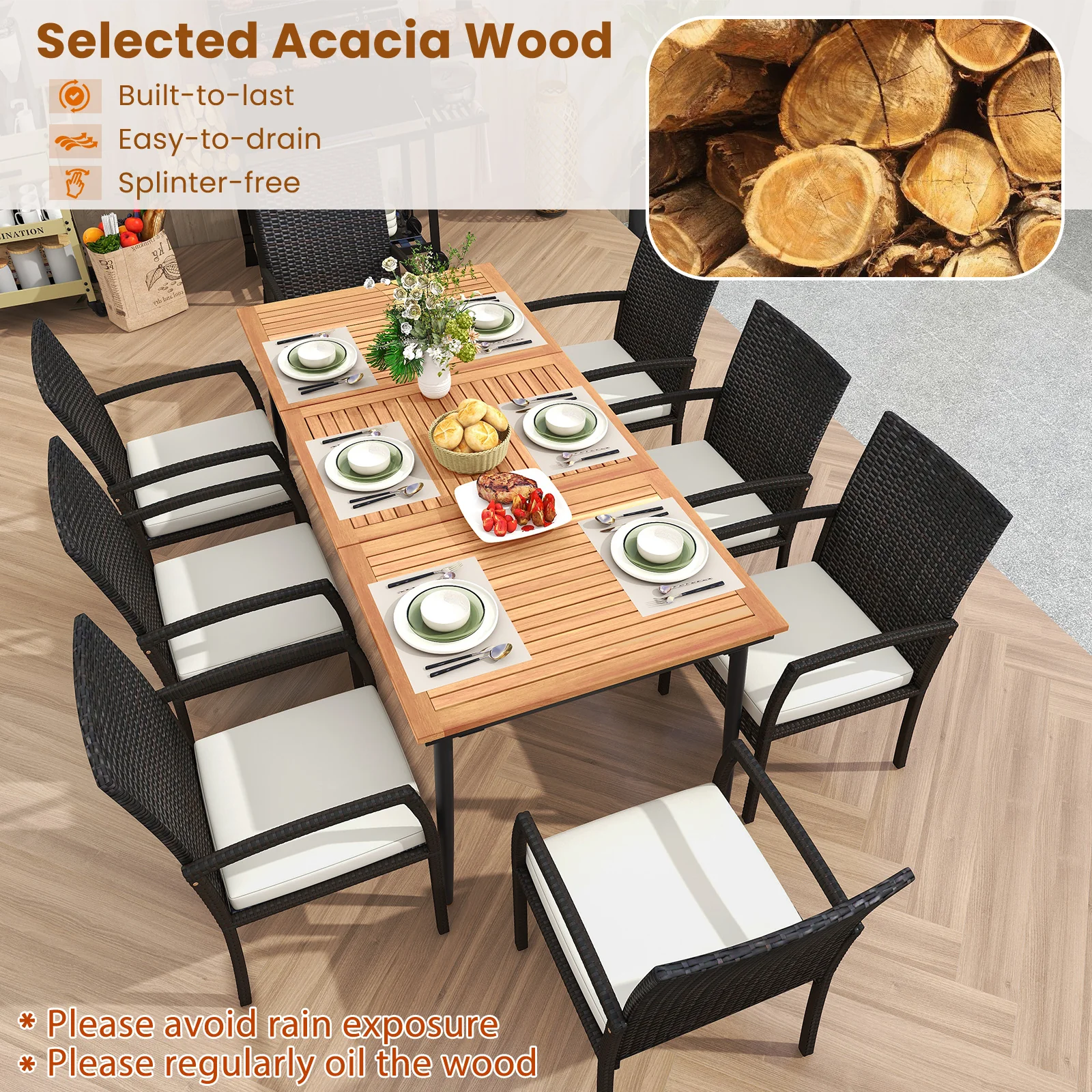 9-Piece Patio Dining Set, Rattan Chairs With Cushions, Natural - Image 8