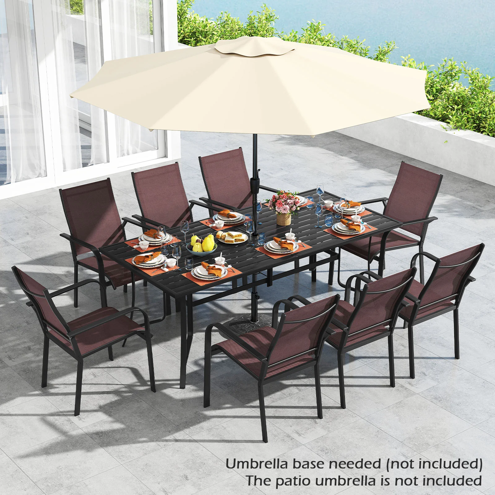 9 Piece Patio Dining Set, Rectangular Table, Stackable Chairs, Brown - Image 2