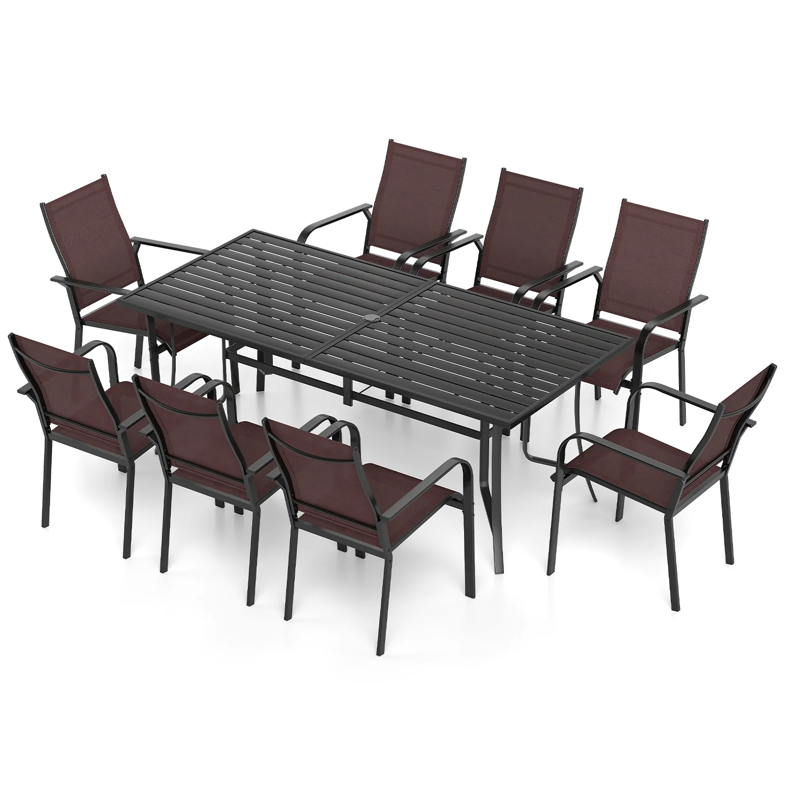 9 Piece Patio Dining Set, Rectangular Table, Stackable Chairs, Brown - Image 3