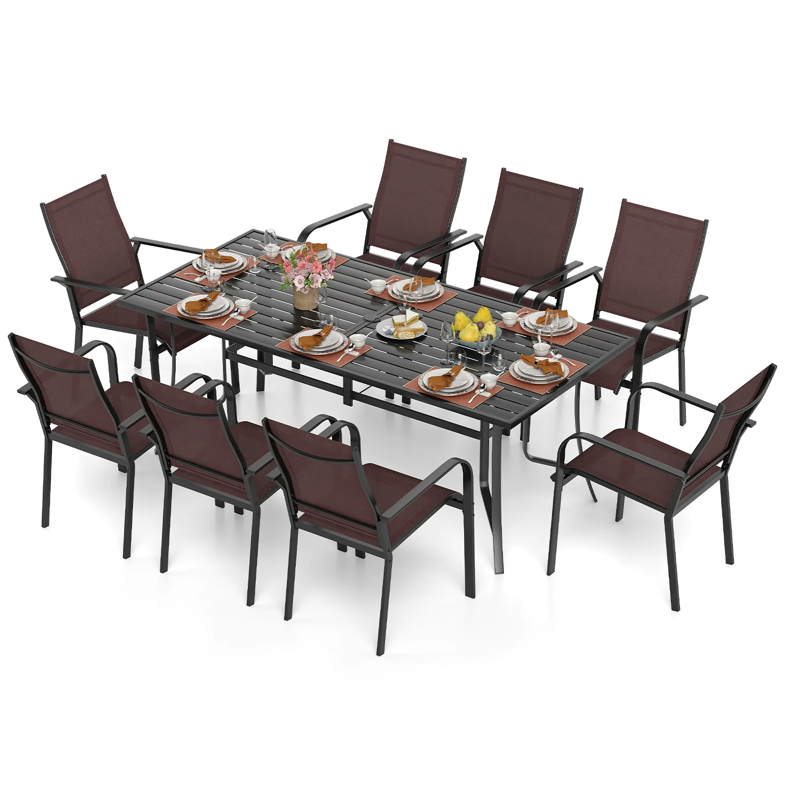 9 Piece Patio Dining Set, Rectangular Table, Stackable Chairs, Brown - Image 4