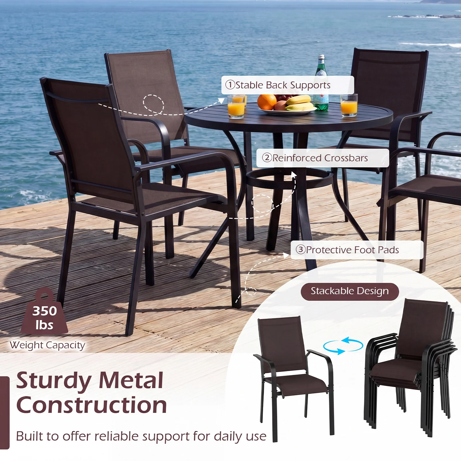 9 Piece Patio Dining Set, Rectangular Table, Stackable Chairs, Brown - Image 7