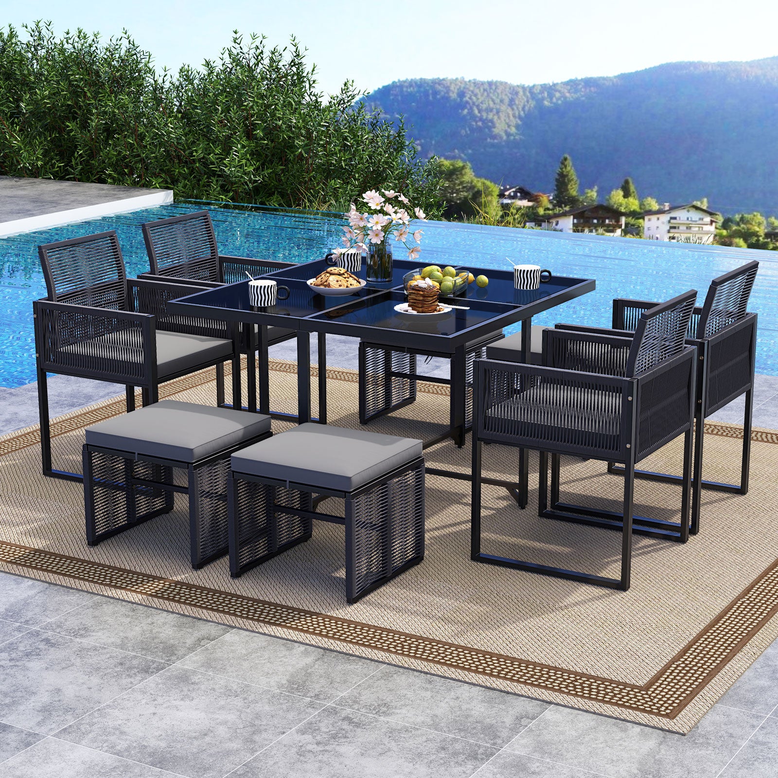 9-Piece Patio Dining Set With Cushions, Gray - Image 2