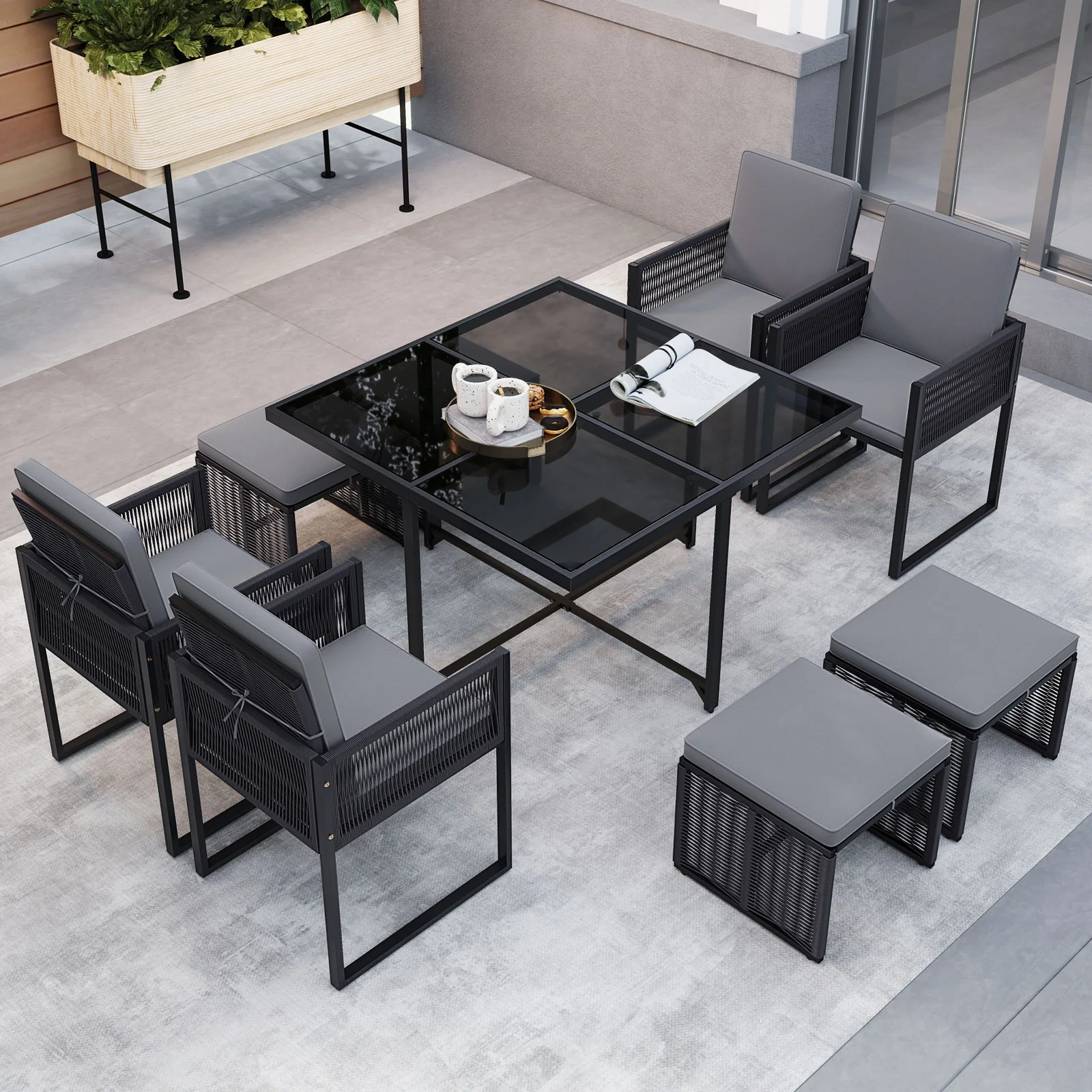 9-Piece Patio Dining Set With Cushions, Gray - Image 3