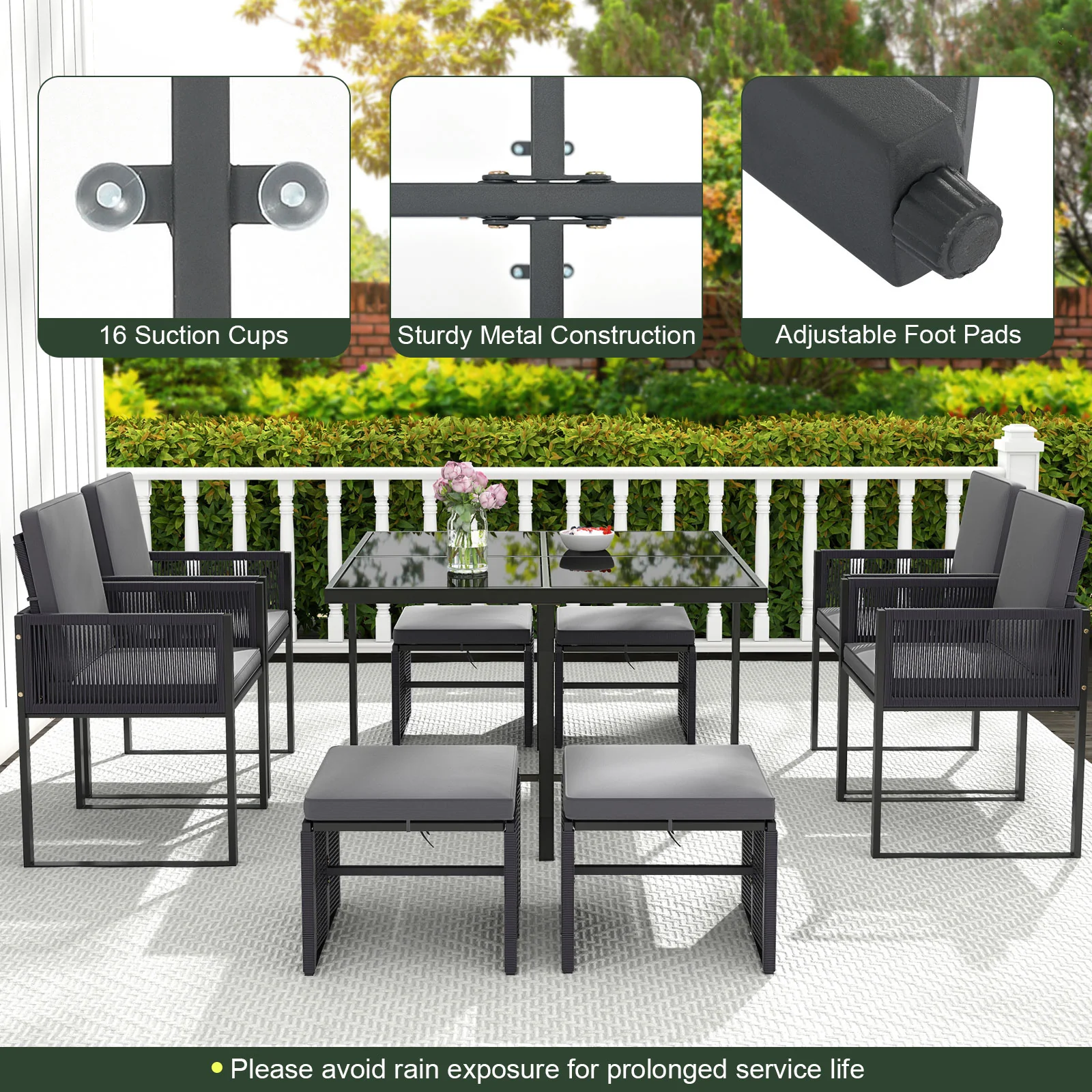 9-Piece Patio Dining Set With Cushions, Gray - Image 9