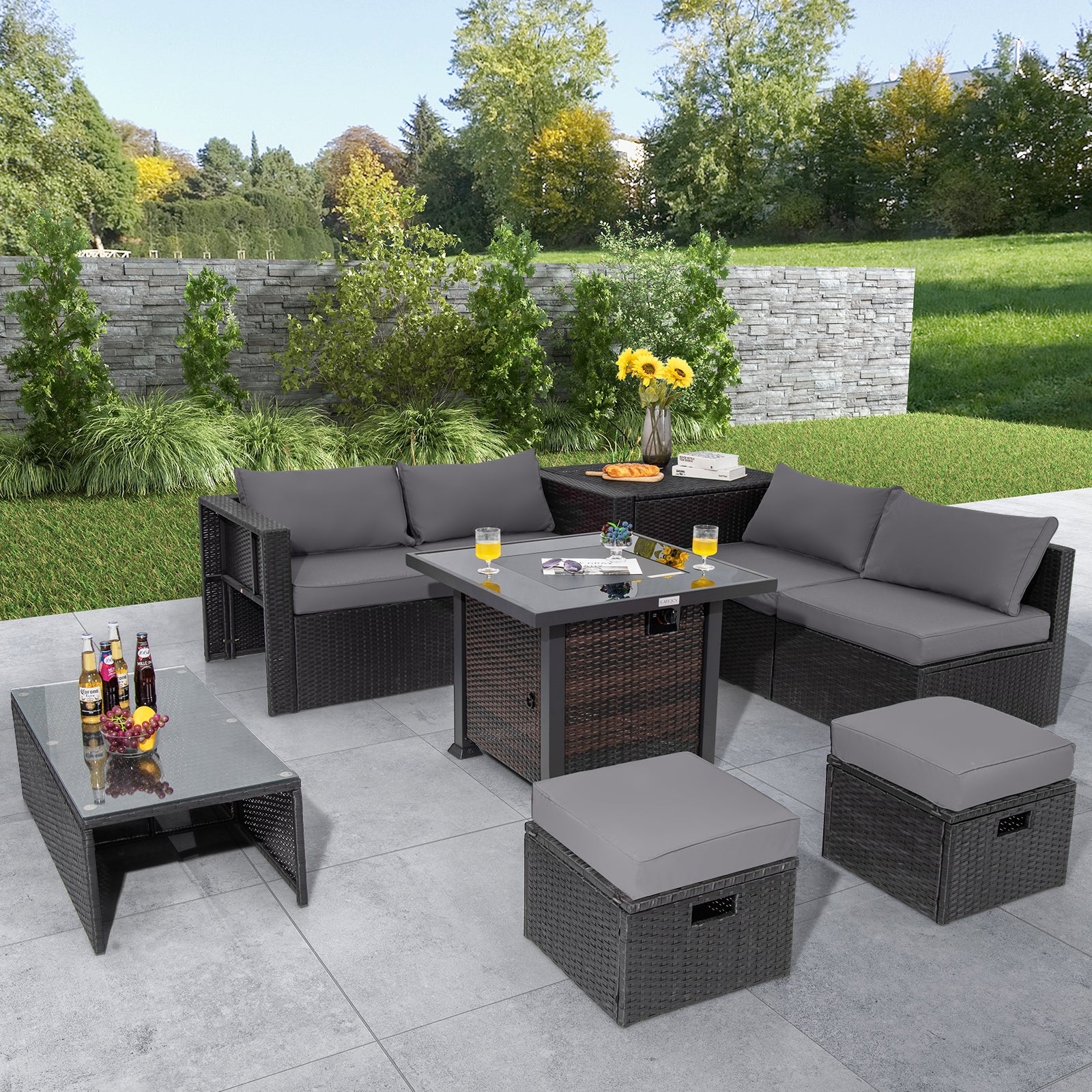 9 Piece Patio Set, 32” Fire Pit Table, 50000 BTU Propane Fire Pit, Gray - Image 2