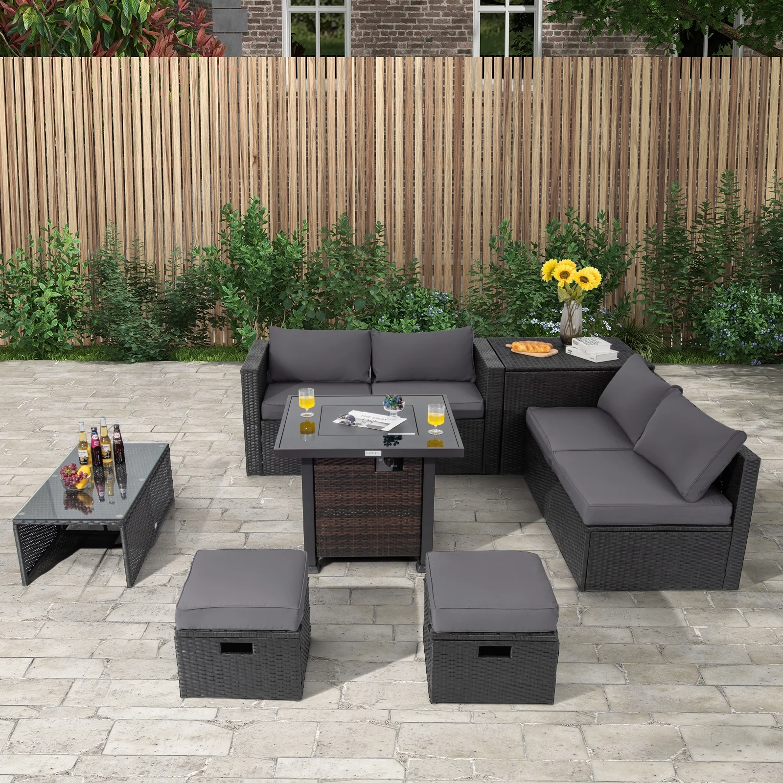 9 Piece Patio Set, 32” Fire Pit Table, 50000 BTU Propane Fire Pit, Gray - Image 3