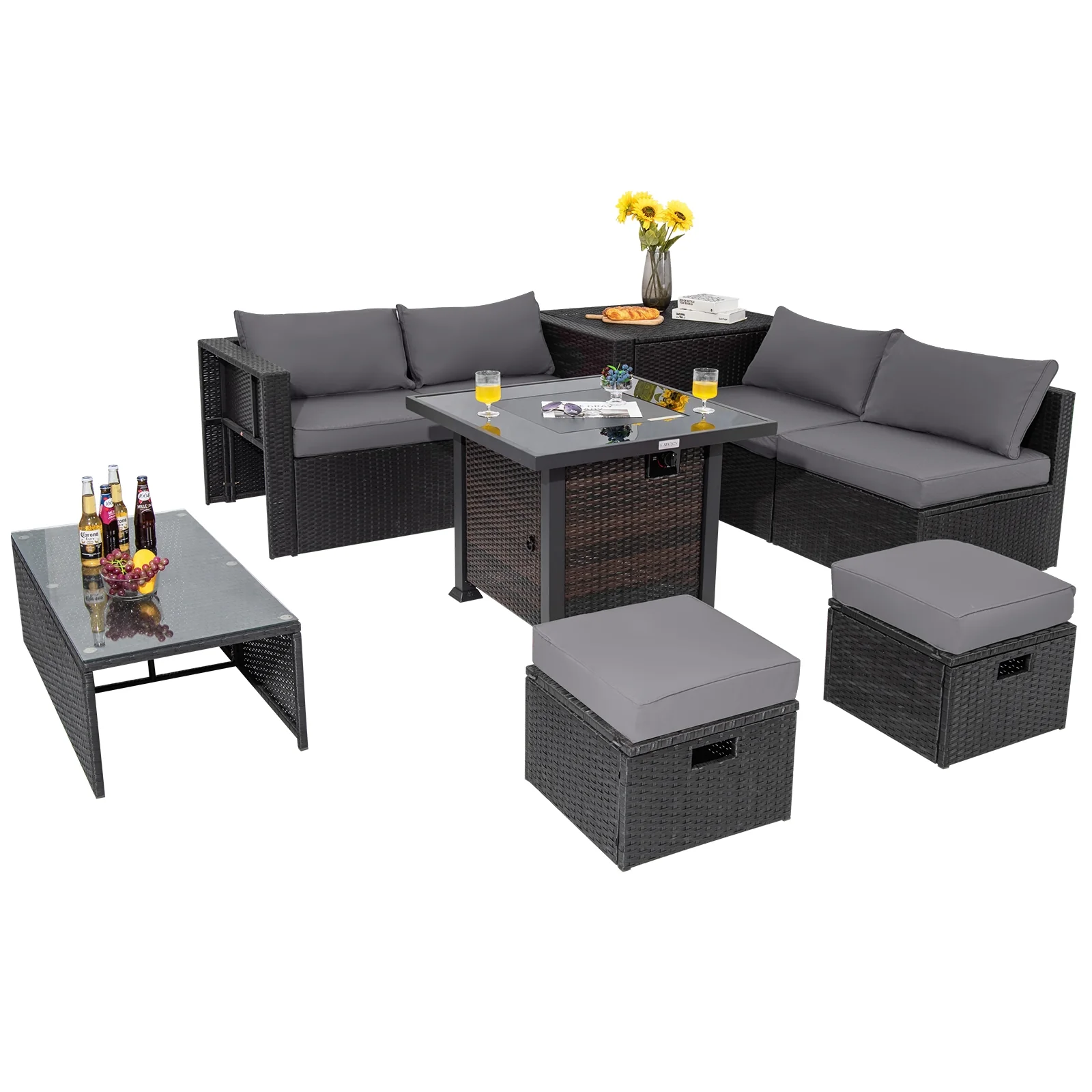 9 Piece Patio Set, 32” Fire Pit Table, 50000 BTU Propane Fire Pit, Gray - Image 5