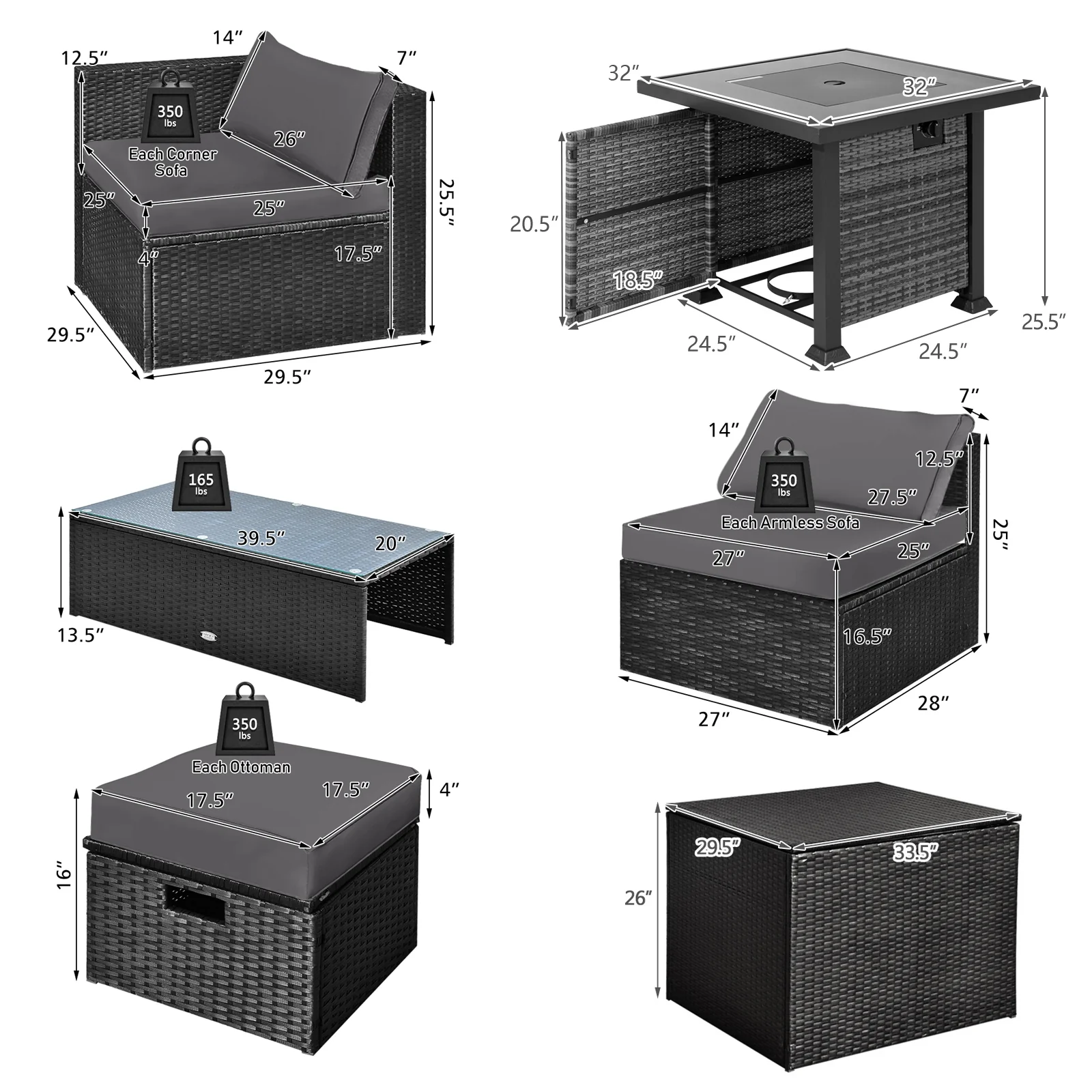 9 Piece Patio Set, 32” Fire Pit Table, 50000 BTU Propane Fire Pit, Gray - Image 6