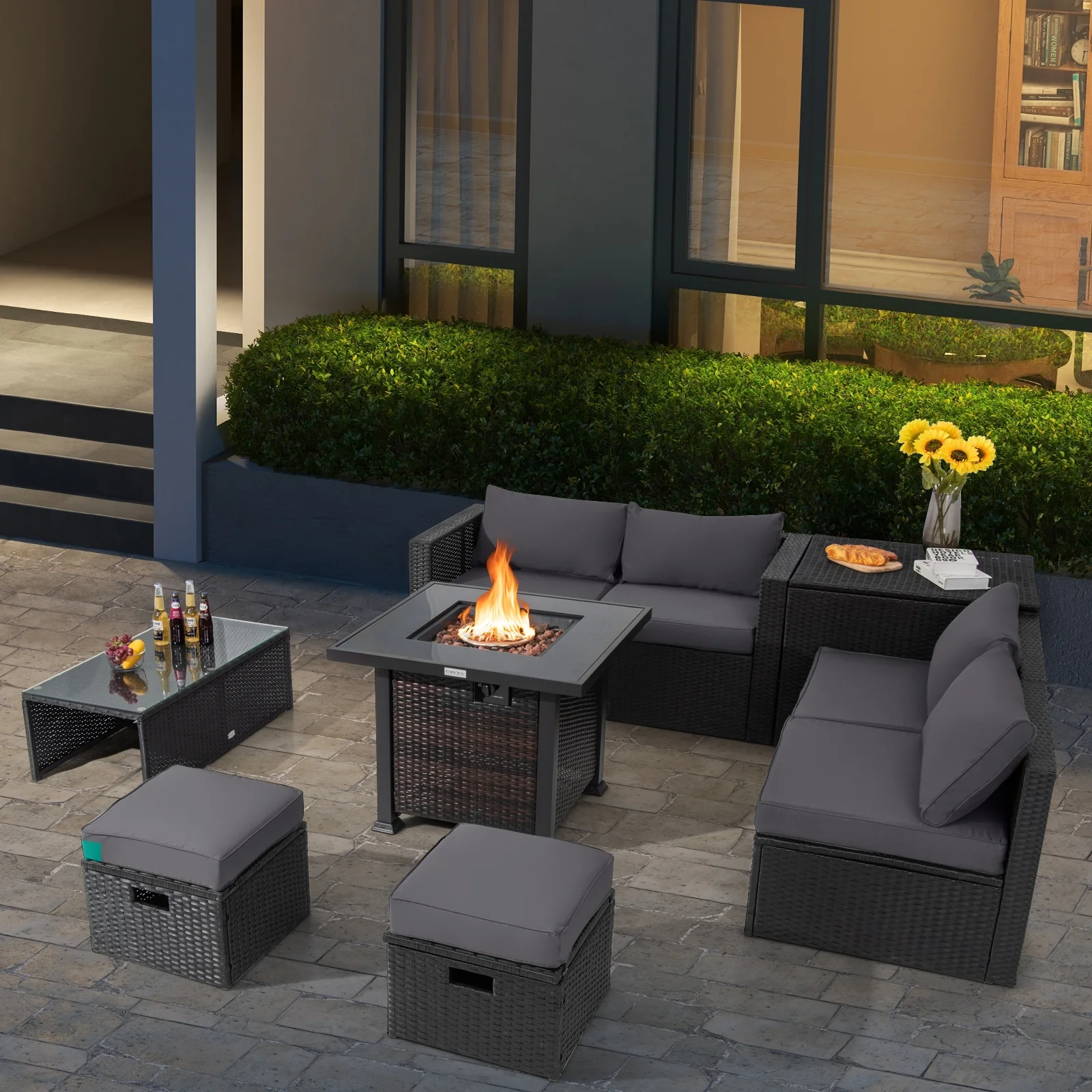 9 Piece Patio Set, 32” Fire Pit Table, 50000 BTU Propane Fire Pit, Gray - Image 8