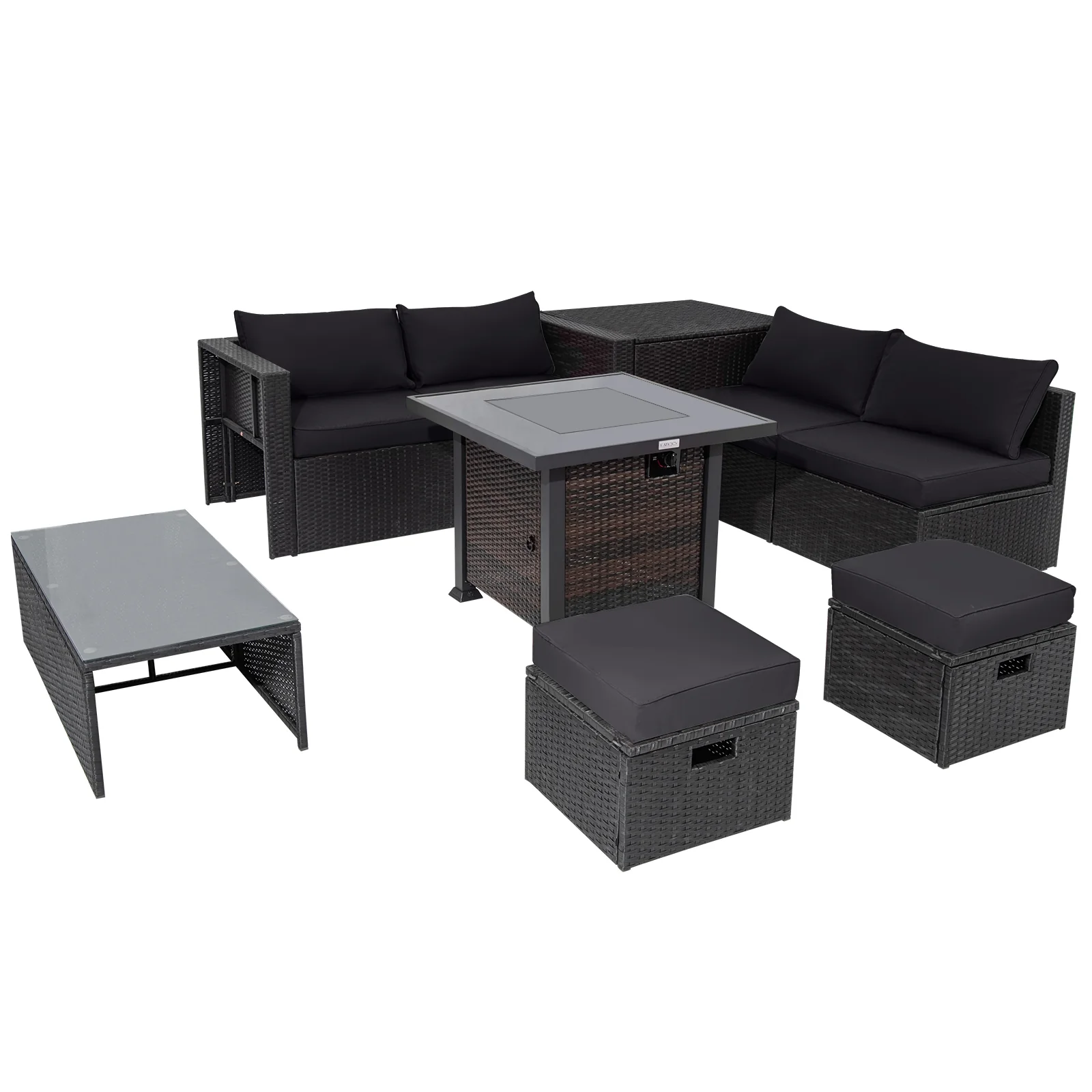 9 Piece Patio Set, 32" Fire Pit Table, 50000 BTU Square Propane, Black