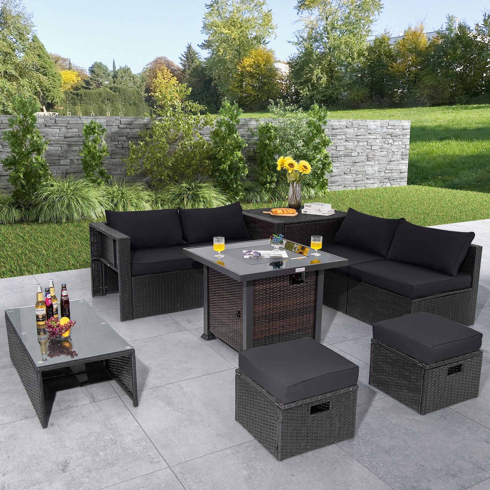 9 Piece Patio Set, 32" Fire Pit Table, 50000 BTU Square Propane, Black - Image 2