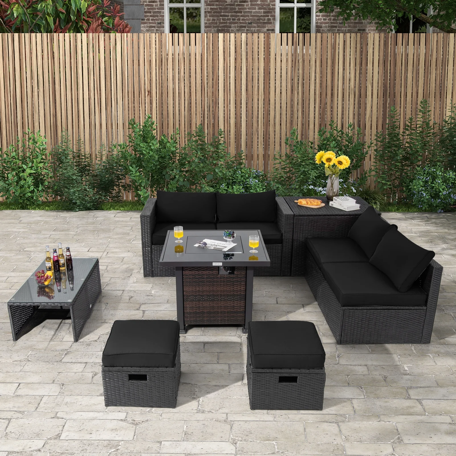 9 Piece Patio Set, 32" Fire Pit Table, 50000 BTU Square Propane, Black - Image 3