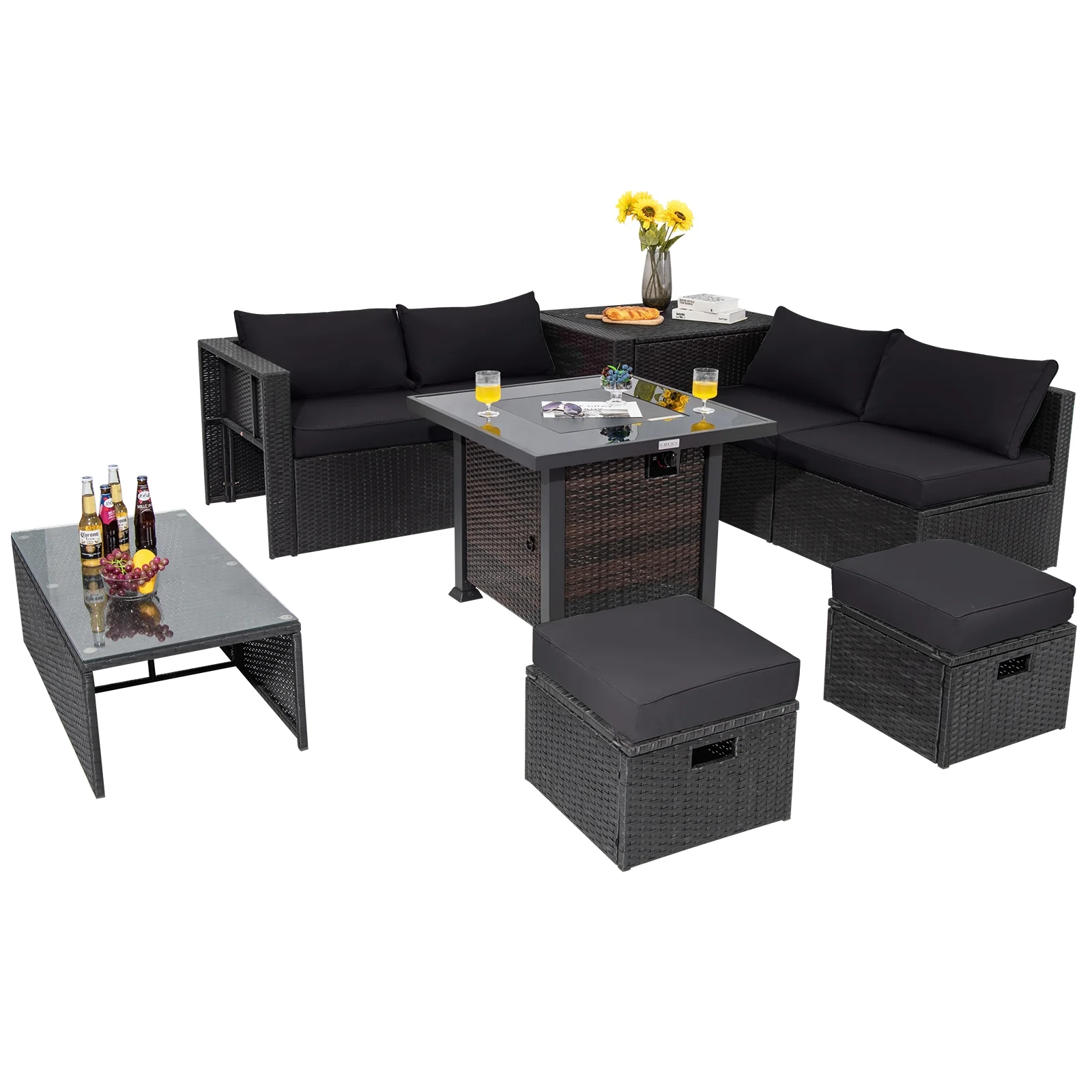 9 Piece Patio Set, 32" Fire Pit Table, 50000 BTU Square Propane, Black - Image 5