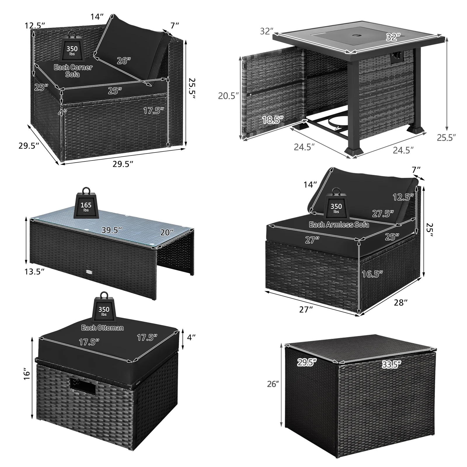 9 Piece Patio Set, 32" Fire Pit Table, 50000 BTU Square Propane, Black - Image 6